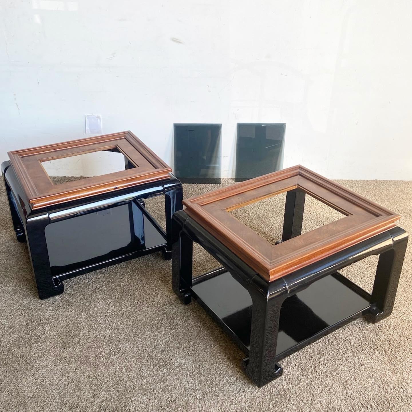 Chinoiserie Black Lacquered and Burl Wood Glass Top Side Tables - a Pair For Sale 5