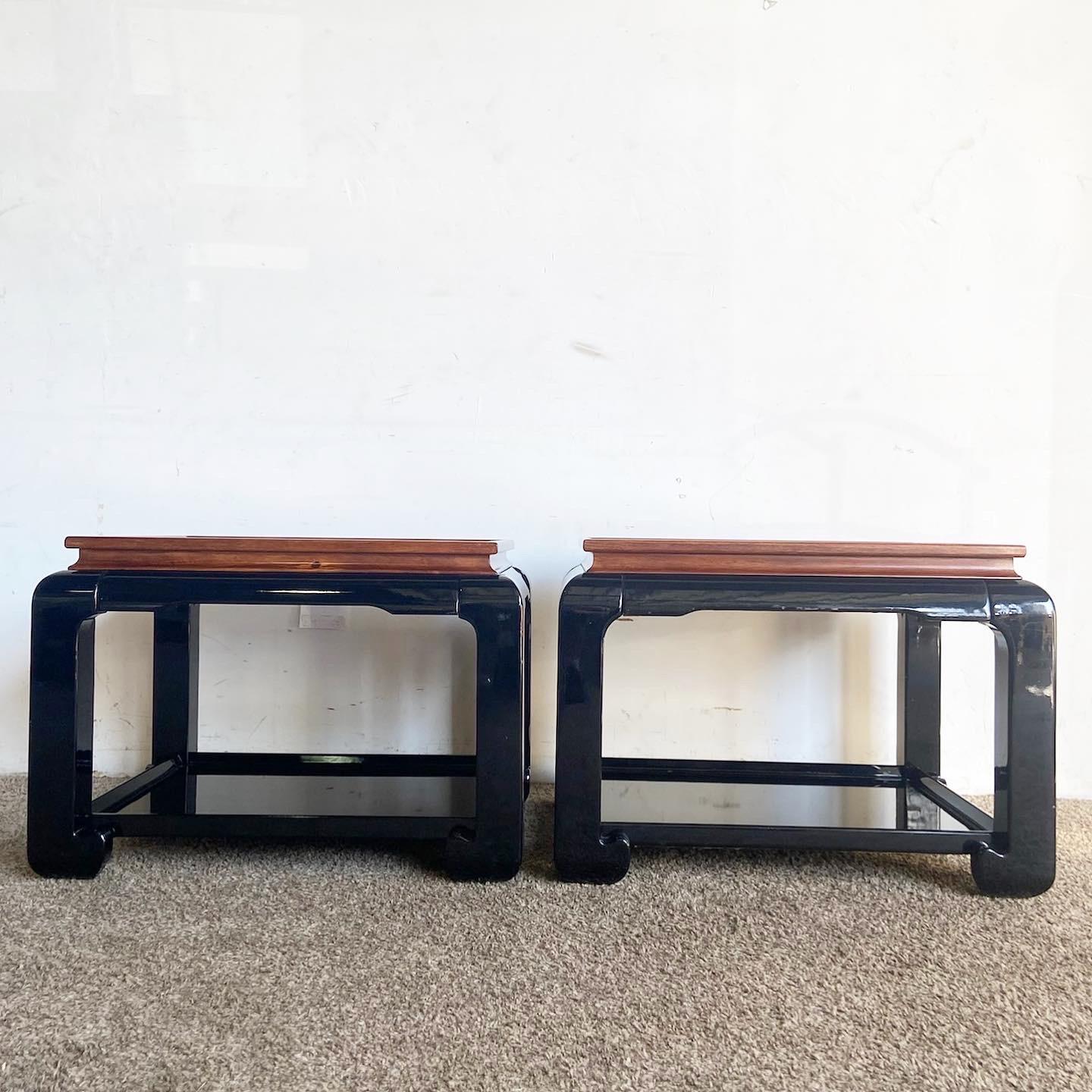 American Chinoiserie Black Lacquered and Burl Wood Glass Top Side Tables - a Pair For Sale