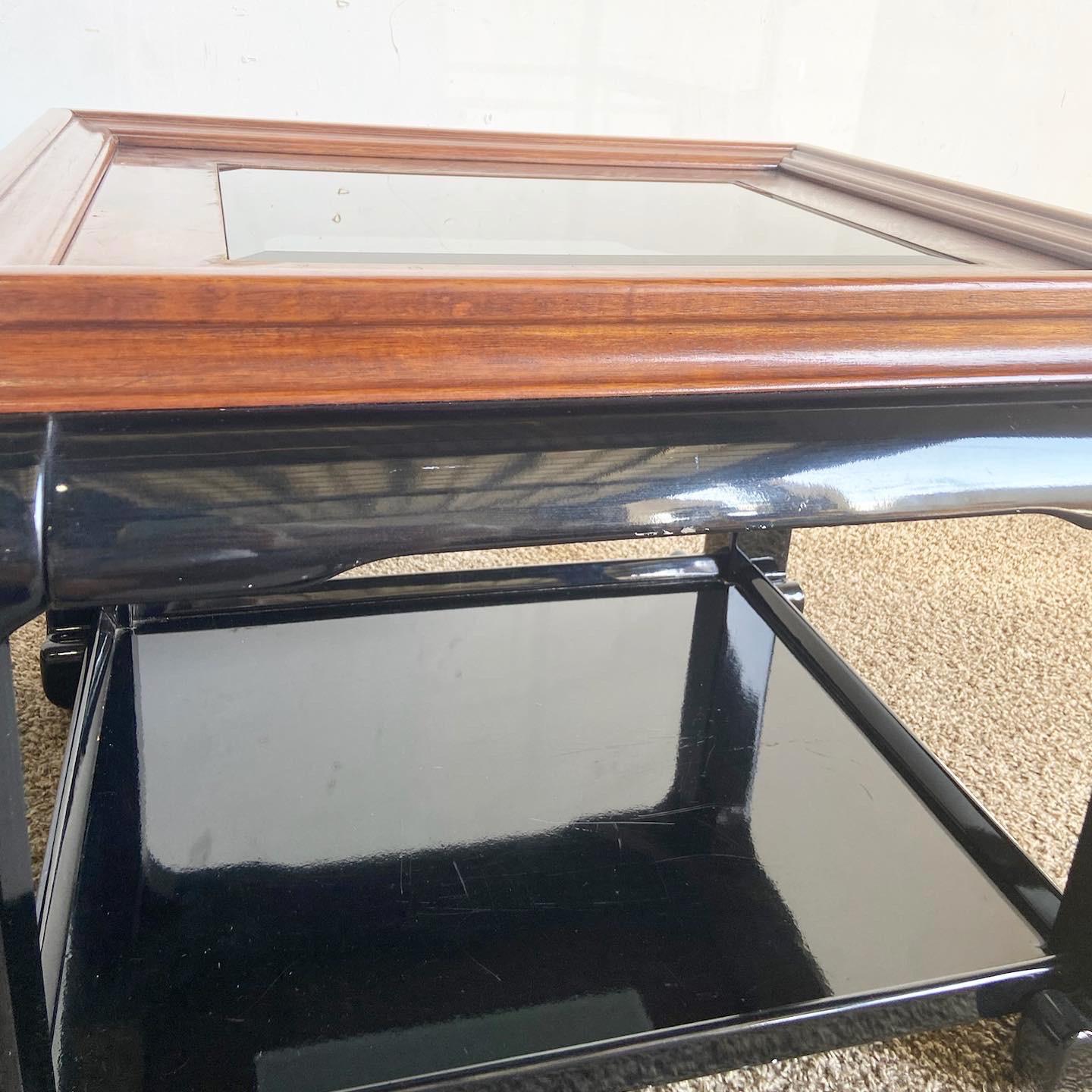 20th Century Chinoiserie Black Lacquered and Burl Wood Glass Top Side Tables - a Pair For Sale