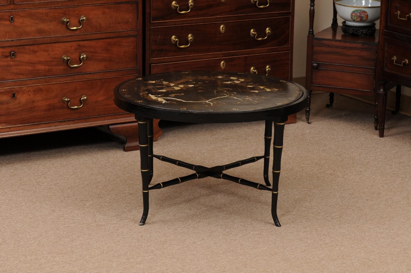 Chinoiserie Black Lacquered Cocktail Table with Mother of Pearl Inlay 5
