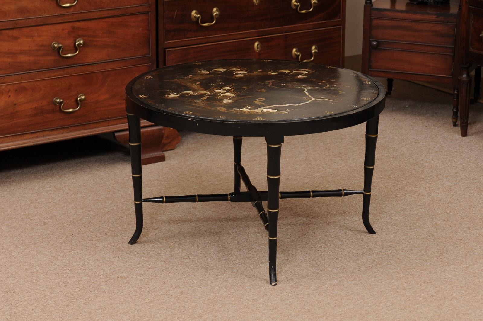 Chinoiserie Black Lacquered Cocktail Table with Mother of Pearl Inlay 6