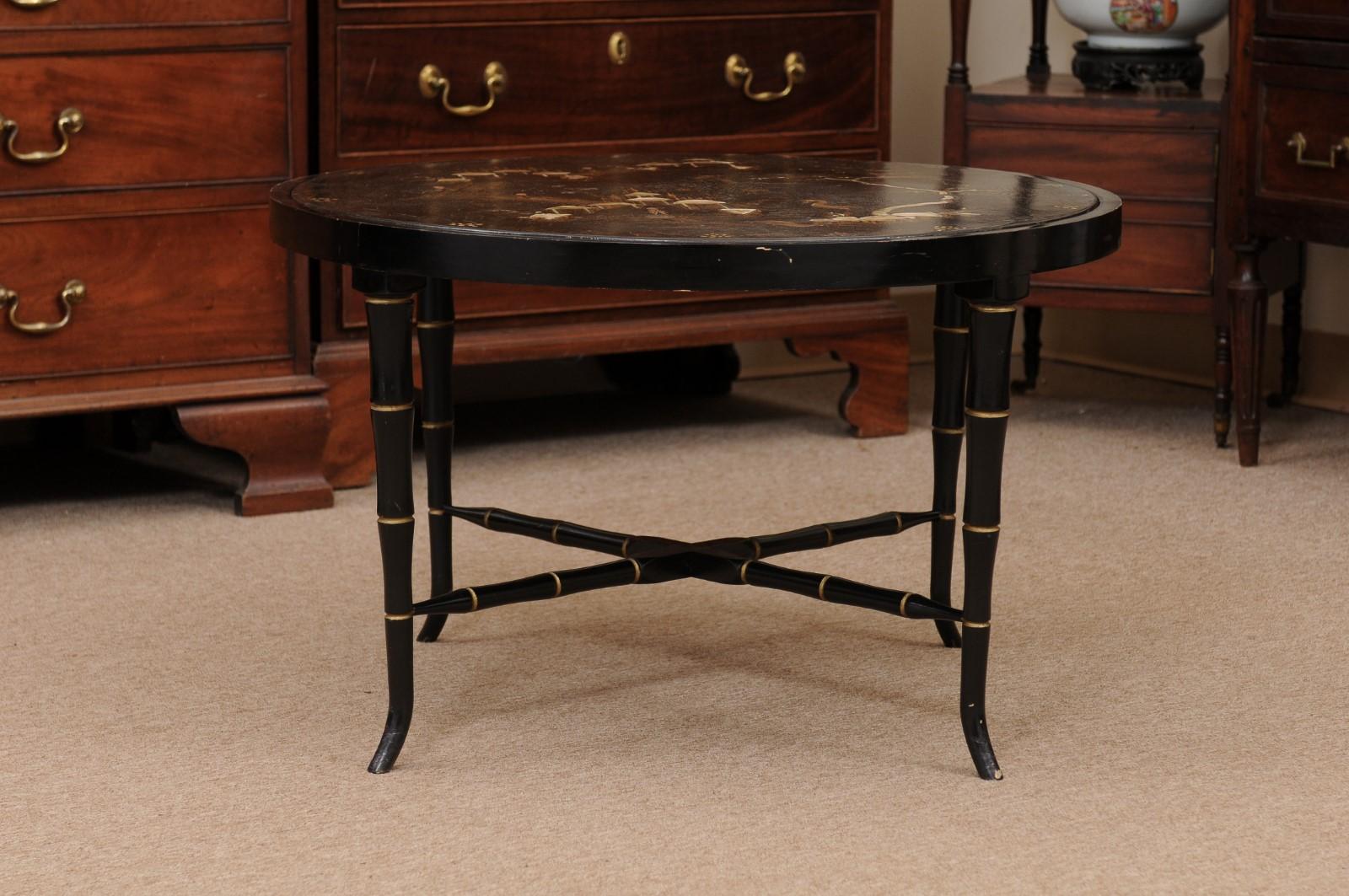Chinoiserie Black Lacquered Cocktail Table with Mother of Pearl Inlay 7