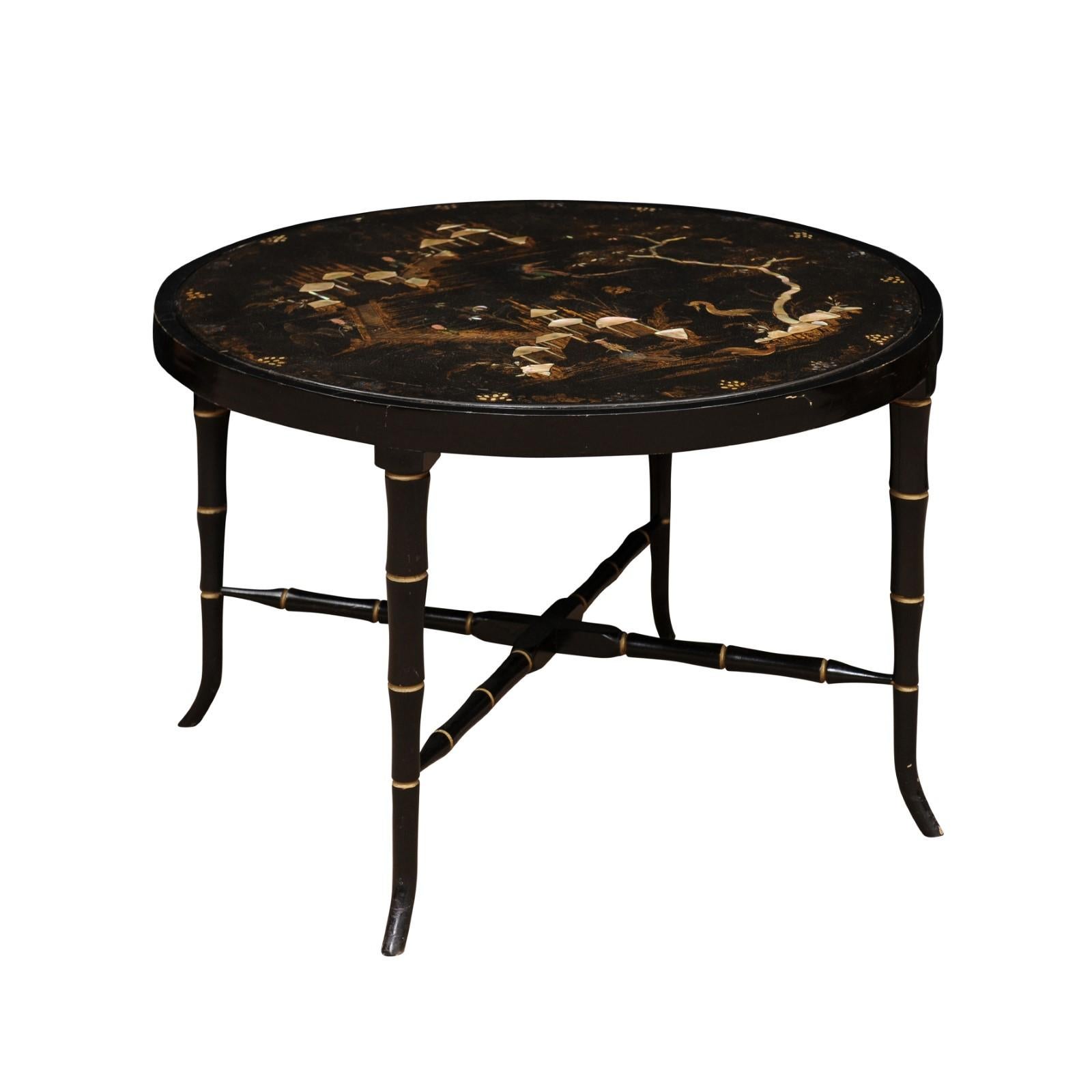 Chinoiserie Black Lacquered Cocktail Table with Mother of Pearl Inlay, 20th Century