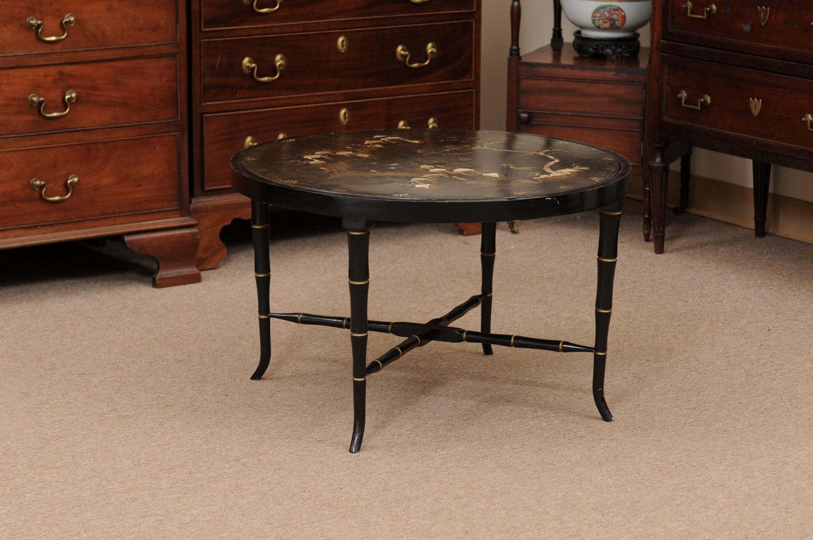 Chinoiserie Black Lacquered Cocktail Table with Mother of Pearl Inlay In Good Condition In Atlanta, GA