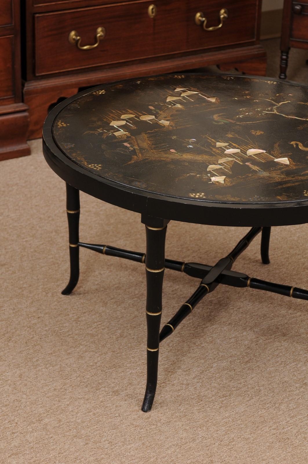 20th Century Chinoiserie Black Lacquered Cocktail Table with Mother of Pearl Inlay