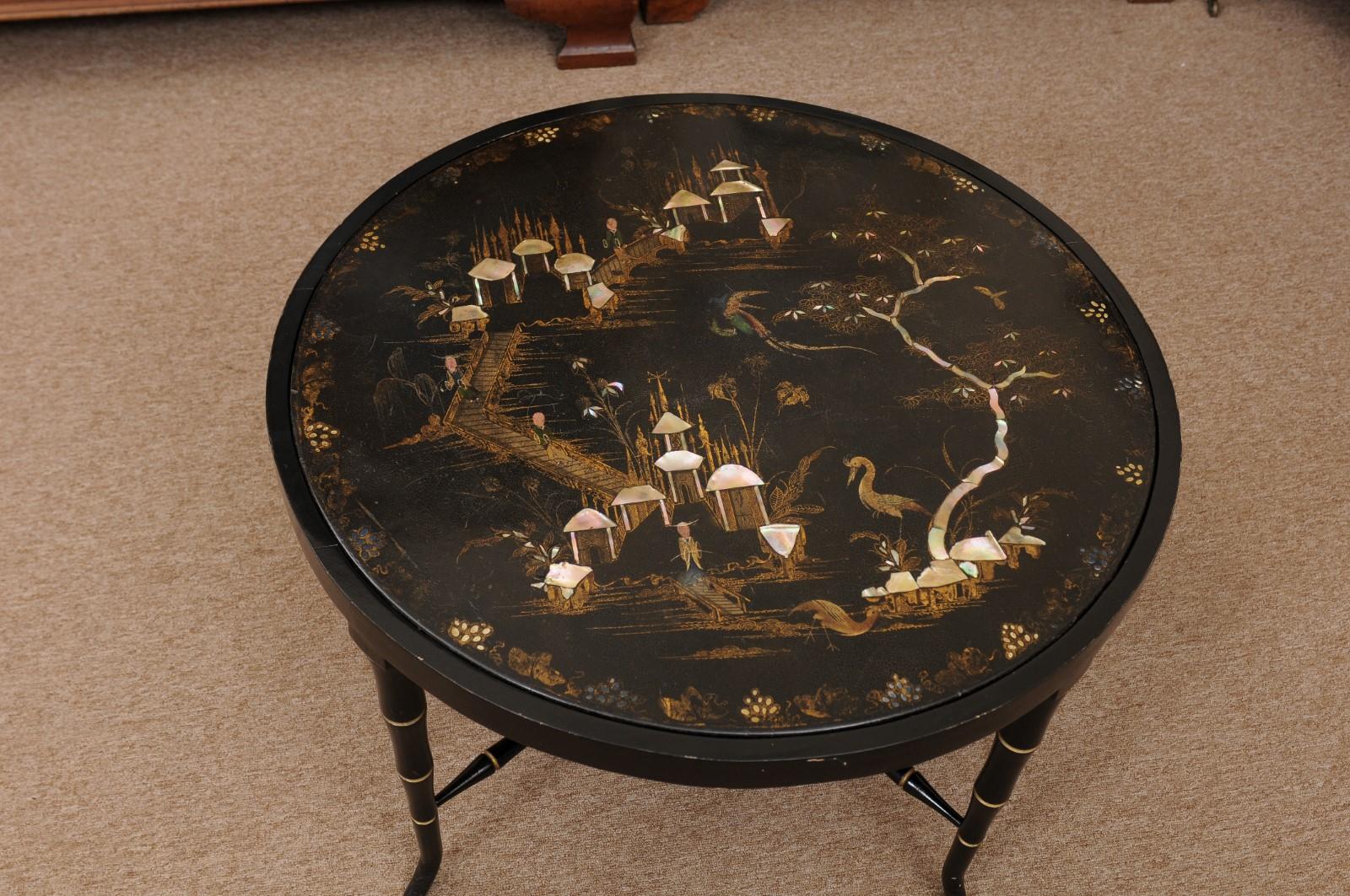 Wood Chinoiserie Black Lacquered Cocktail Table with Mother of Pearl Inlay