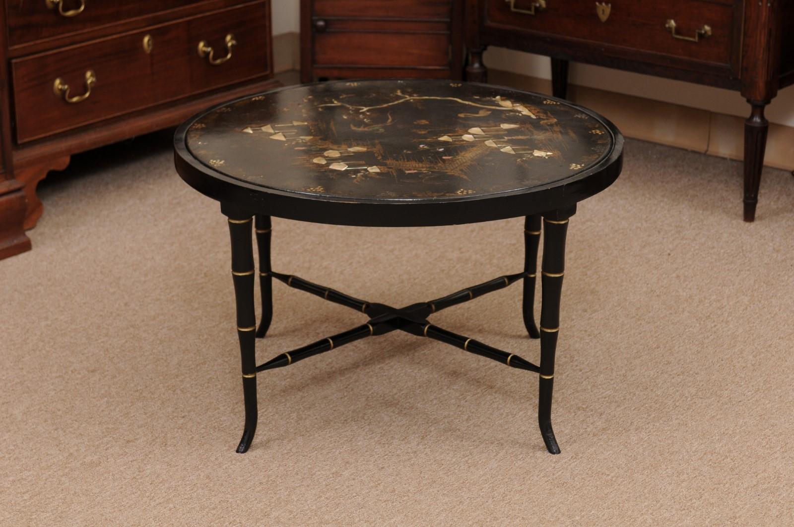 Chinoiserie Black Lacquered Cocktail Table with Mother of Pearl Inlay 1