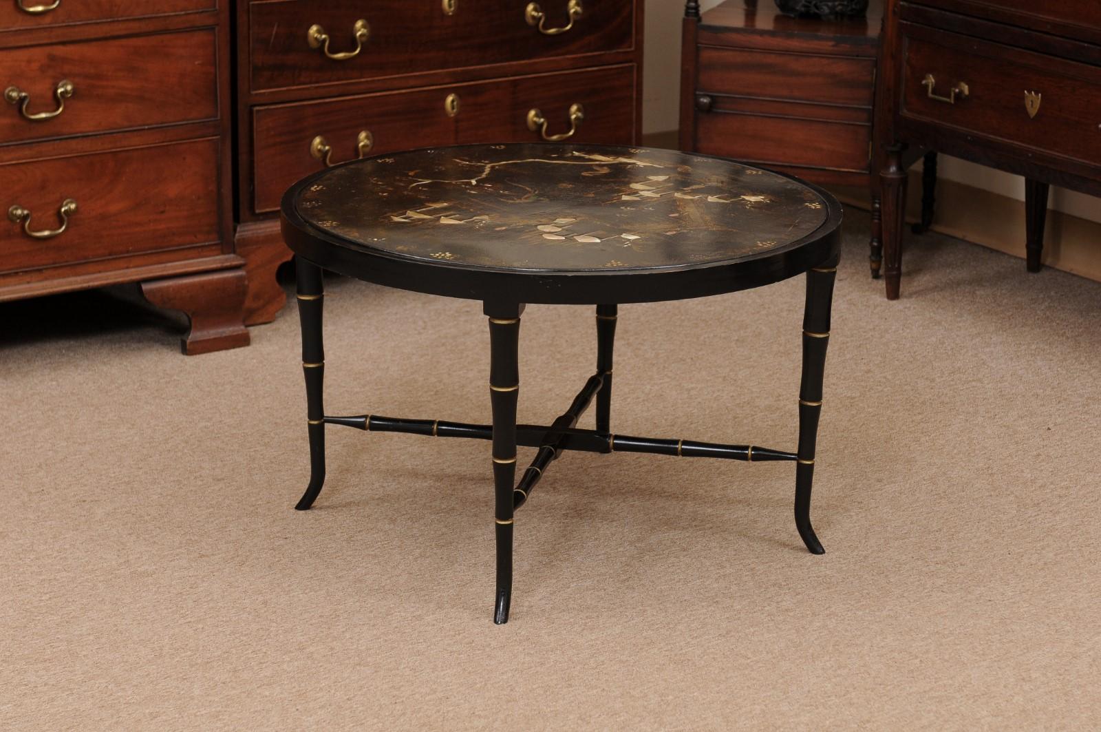 Chinoiserie Black Lacquered Cocktail Table with Mother of Pearl Inlay 2