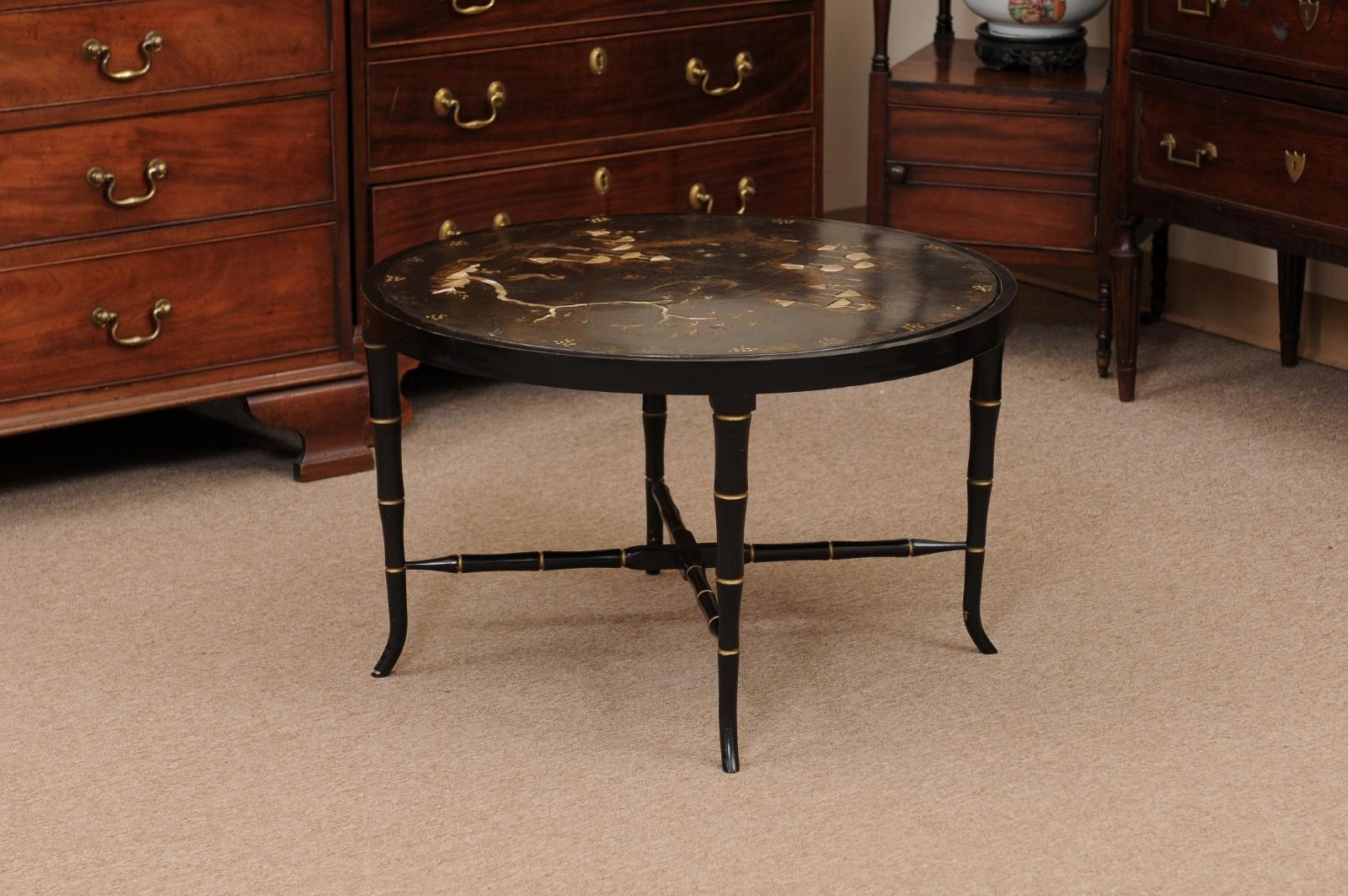 Chinoiserie Black Lacquered Cocktail Table with Mother of Pearl Inlay 4
