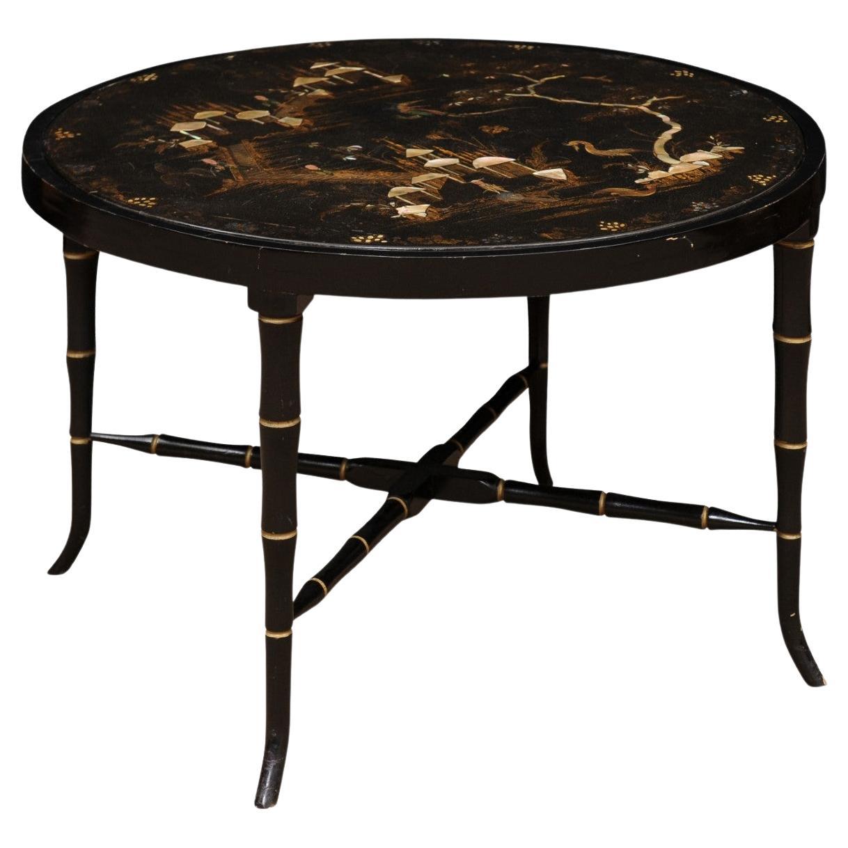 Chinoiserie Black Lacquered Cocktail Table with Mother of Pearl Inlay
