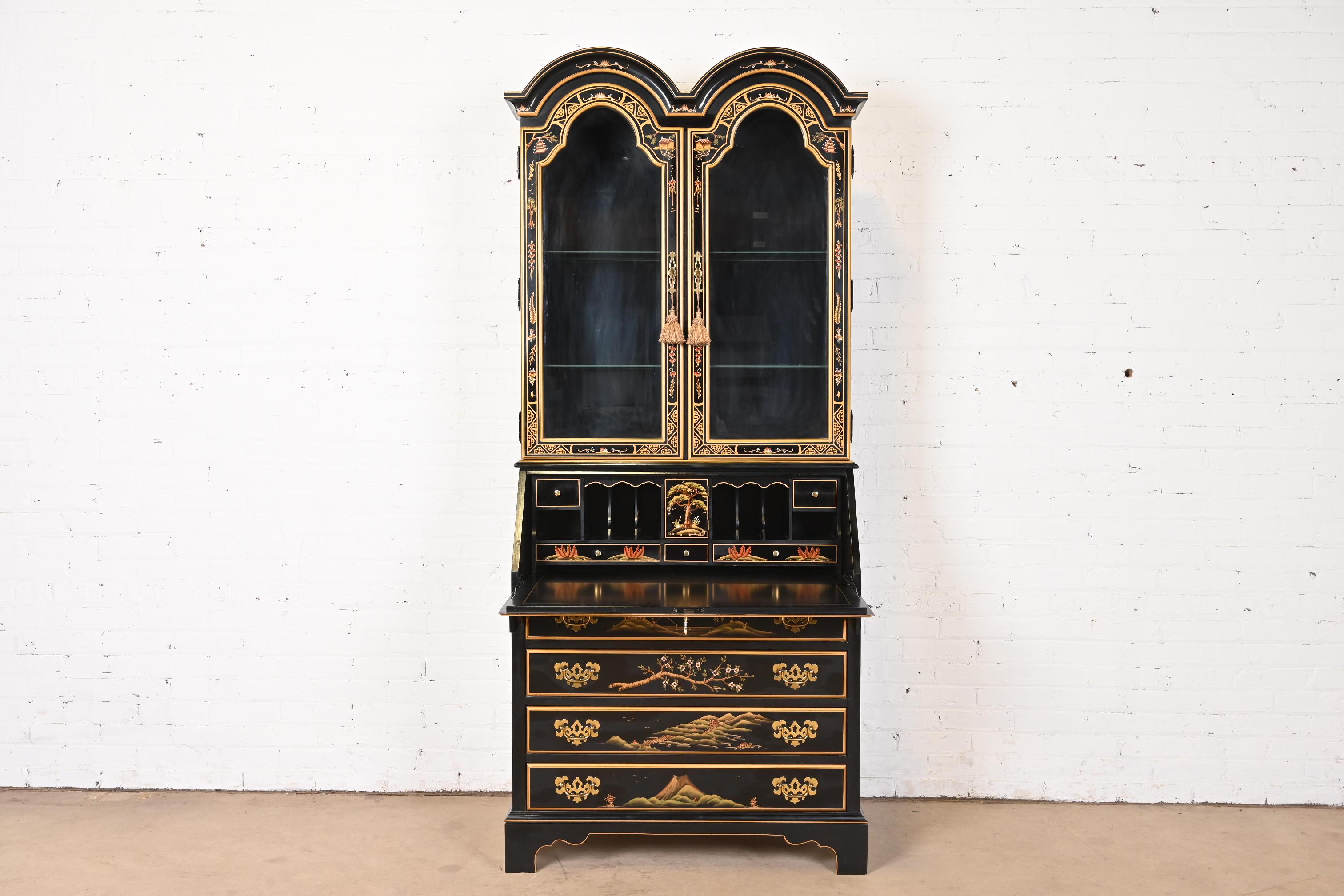 Chinoiserie Black Lacquered Drop Front Secretary Desk With Bookcase Hutch For Sale 5