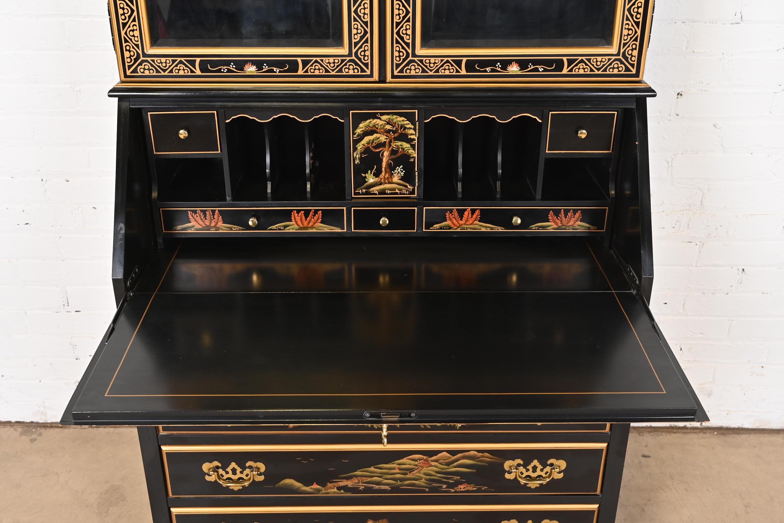Chinoiserie Black Lacquered Drop Front Secretary Desk With Bookcase Hutch For Sale 3