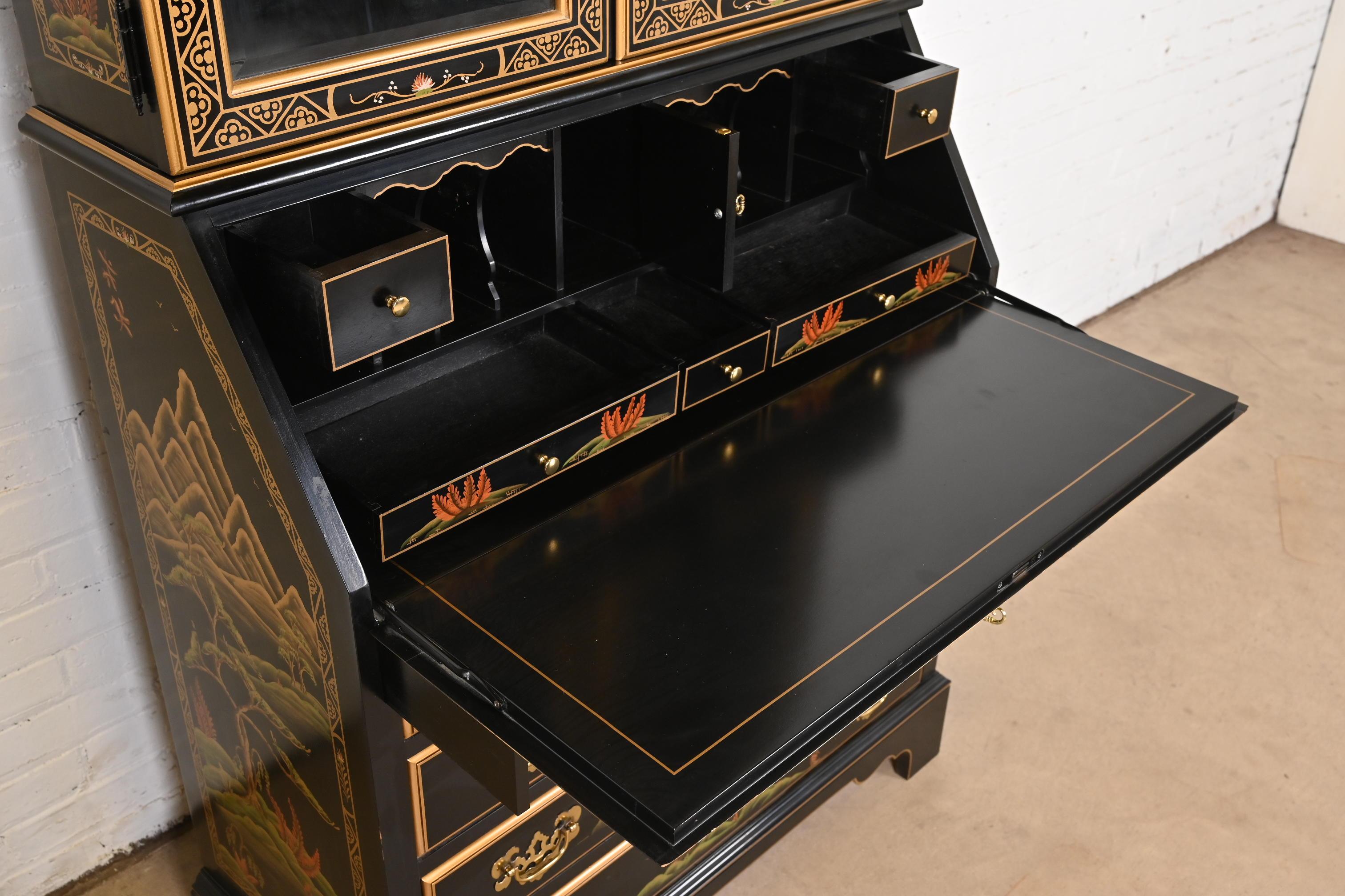 Chinoiserie Black Lacquered Drop Front Secretary Desk With Bookcase Hutch For Sale 4