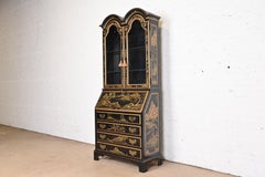 Chinoiserie Black Lacquered Drop Front Secretary Desk With Bookcase Hutch