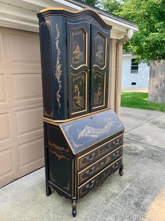 Chinoiserie Black Lacquered Drop Front Secretary Desk With Bookcase Hutch