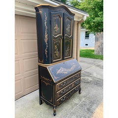 Chinoiserie Black Lacquered Drop Front Secretary Desk With Bookcase Hutch