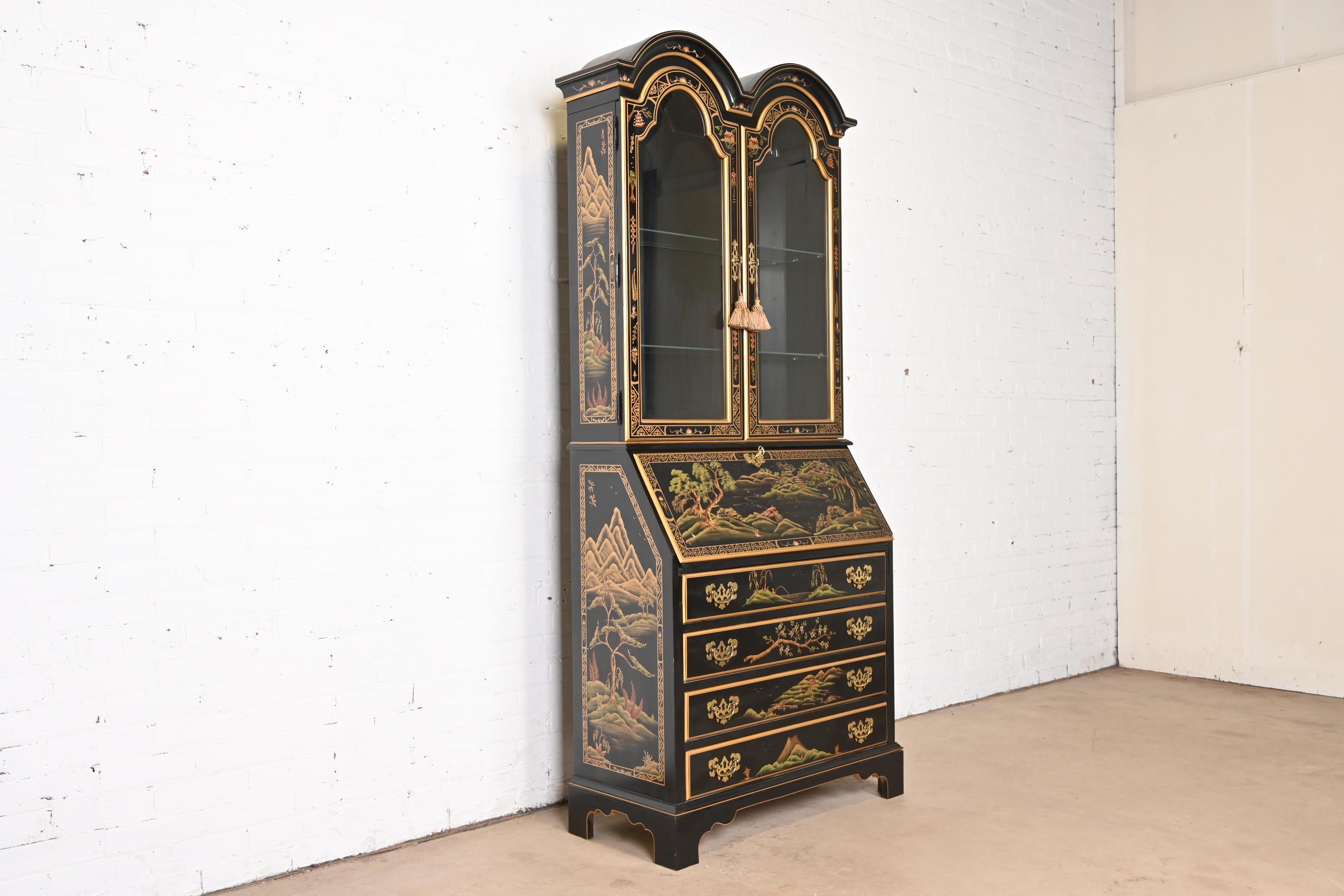 American Chinoiserie Black Lacquered Drop Front Secretary Desk With Bookcase Hutch For Sale