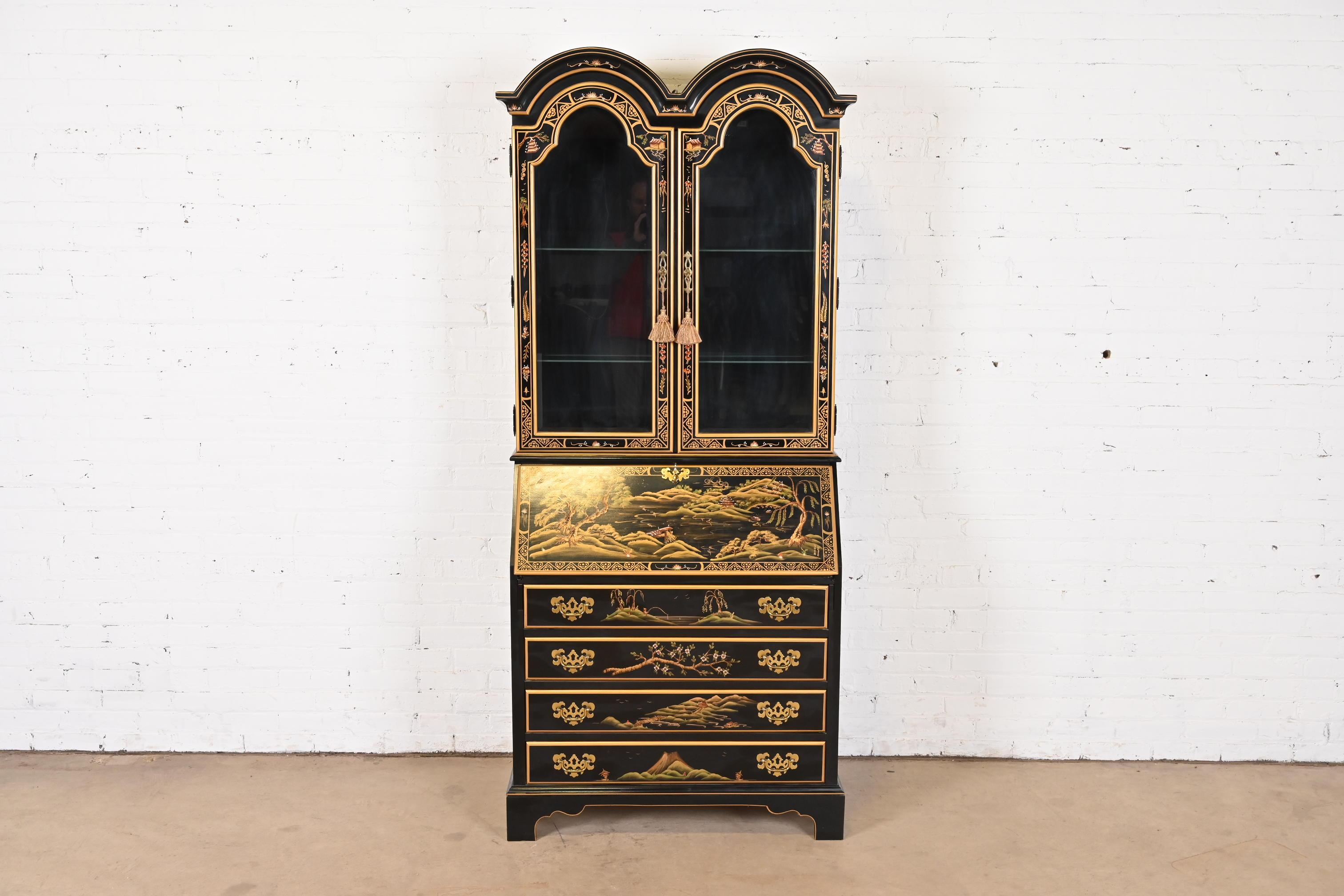 Chinoiserie Black Lacquered Drop Front Secretary Desk With Bookcase Hutch In Good Condition For Sale In South Bend, IN