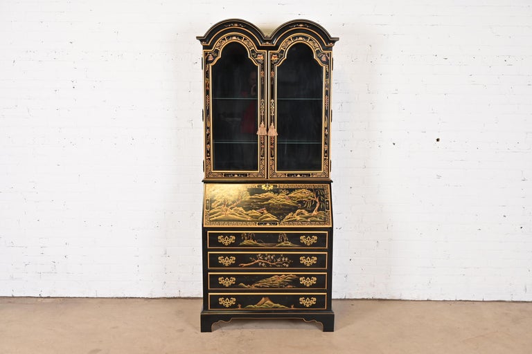 Chinoiserie Black Lacquered Drop Front Secretary Desk With