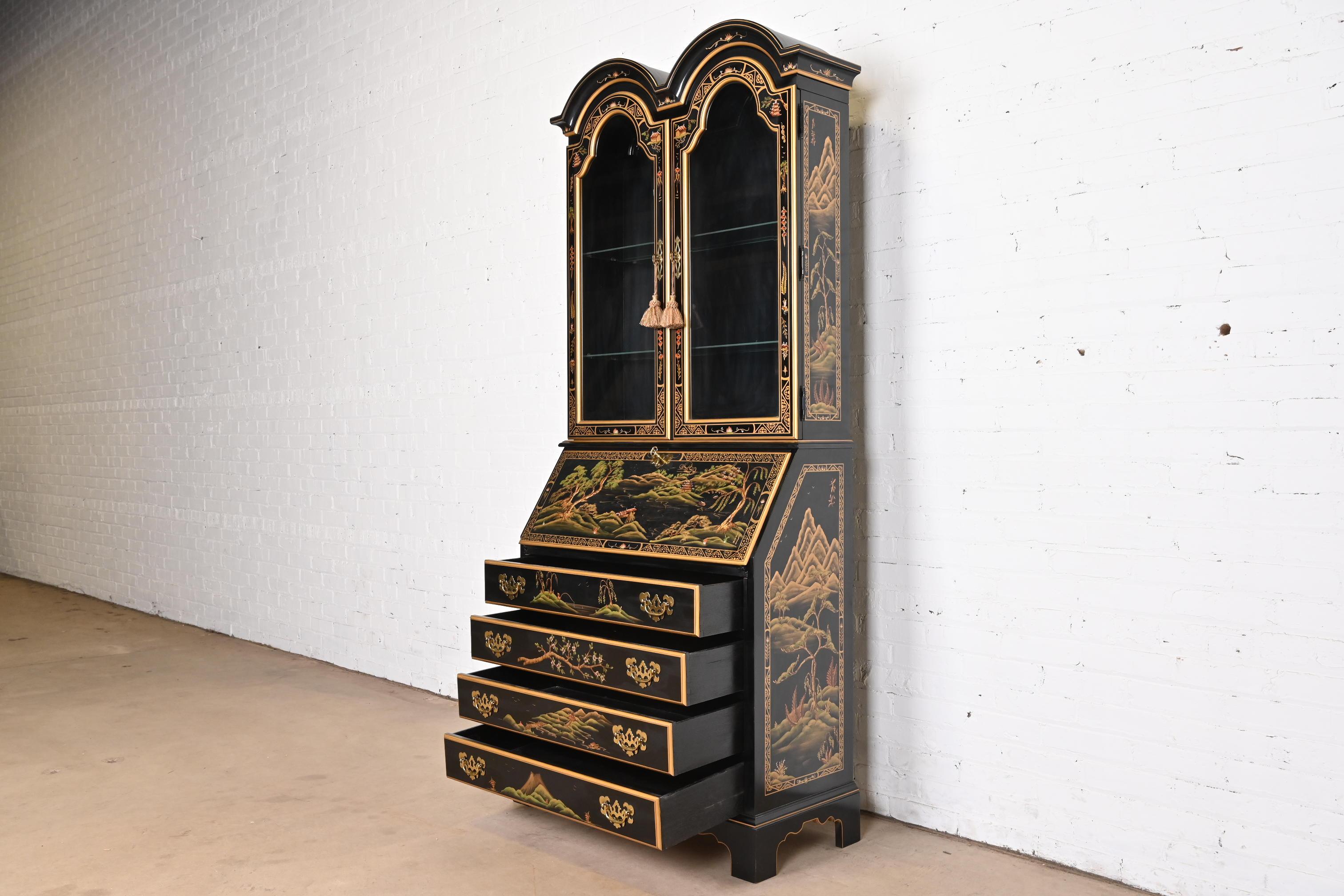 20th Century Chinoiserie Black Lacquered Drop Front Secretary Desk With Bookcase Hutch For Sale