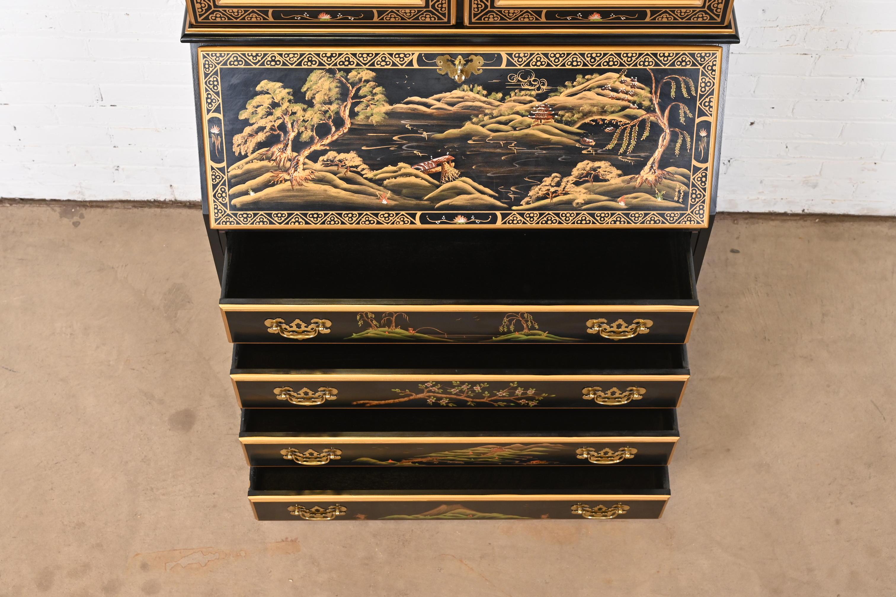 Brass Chinoiserie Black Lacquered Drop Front Secretary Desk With Bookcase Hutch For Sale