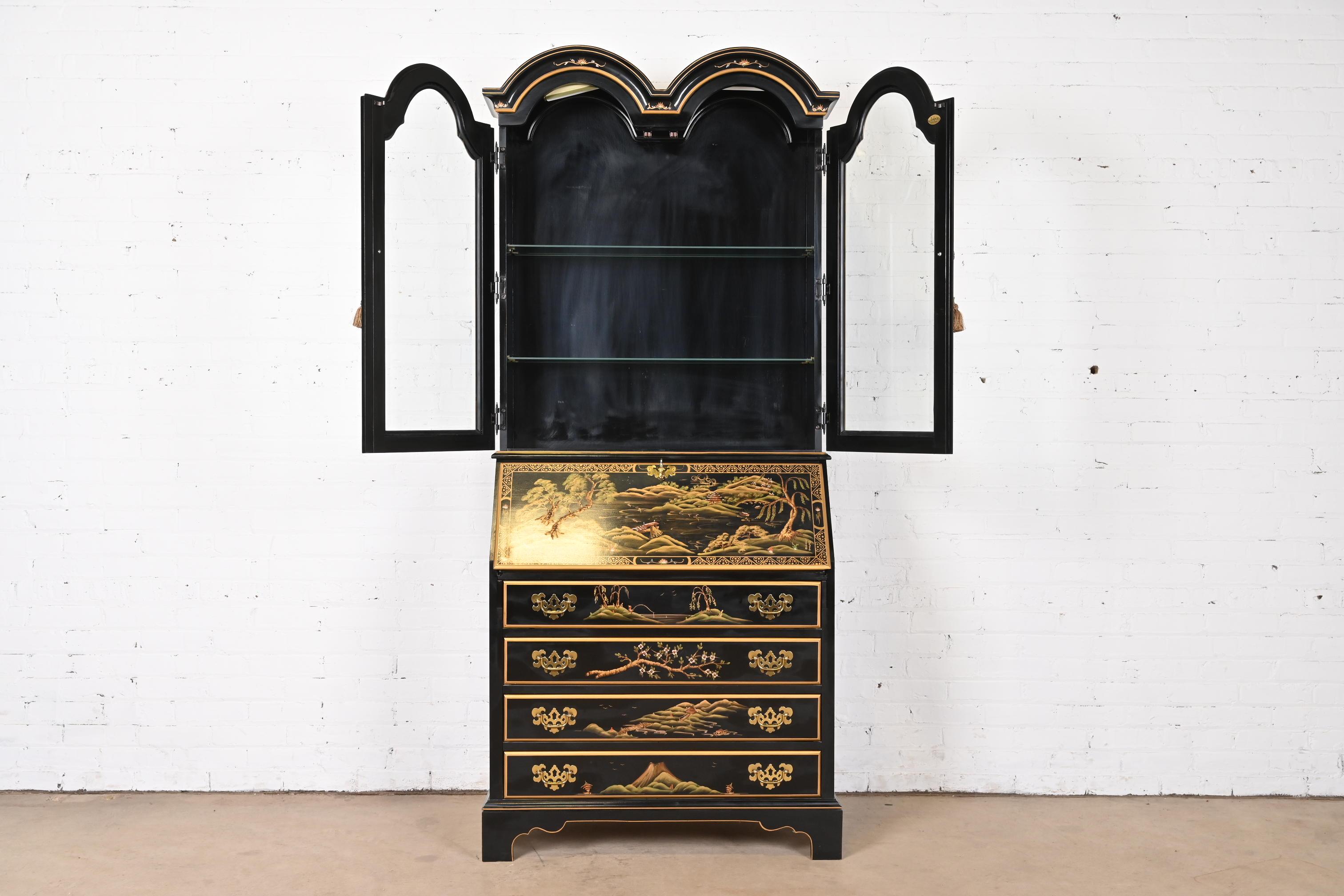 Chinoiserie Black Lacquered Drop Front Secretary Desk With Bookcase Hutch For Sale 2