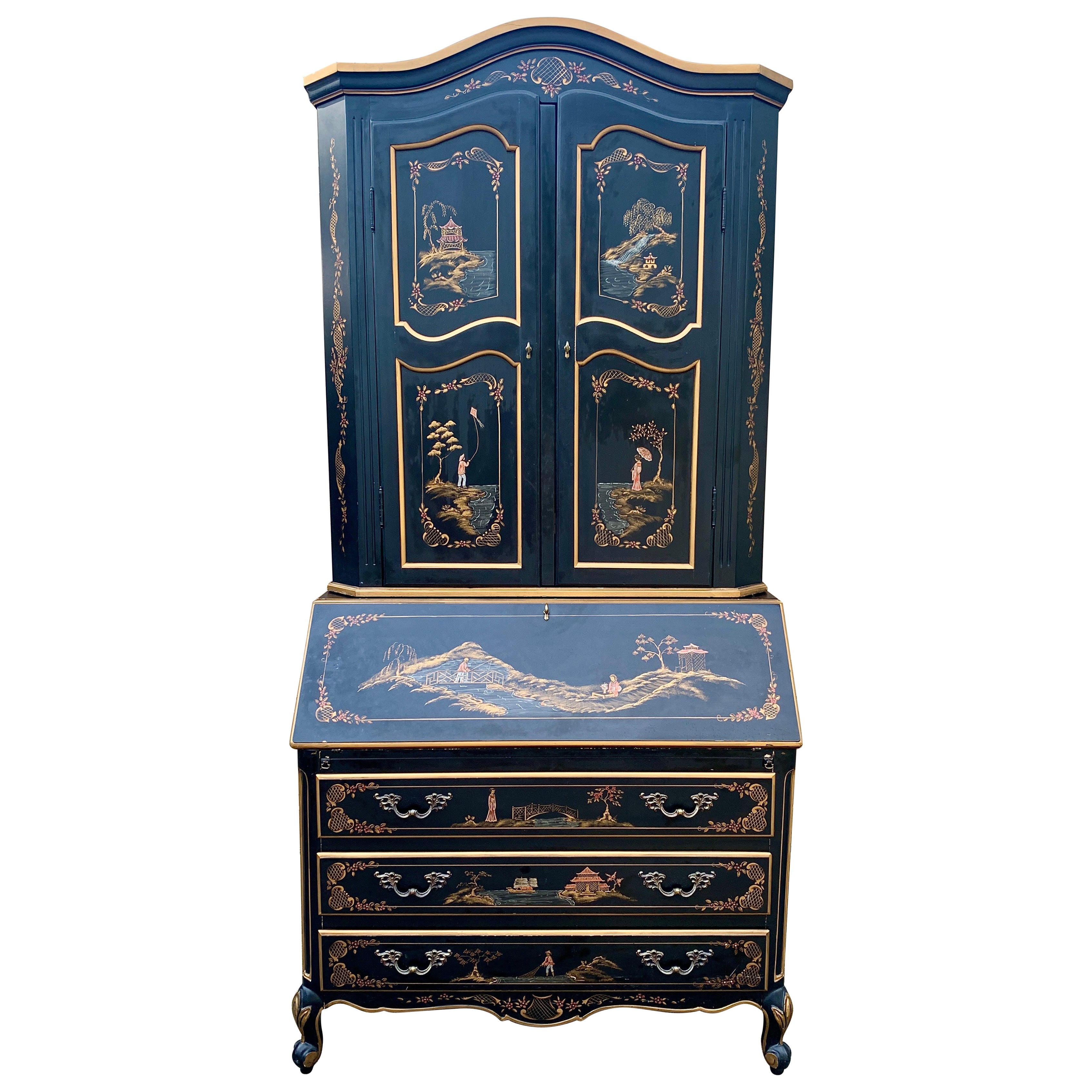 Schwarz lackierter Chinoiserie-Sekretär-Schreibtisch mit ausklappbarer Front und Bücherregal Hutch