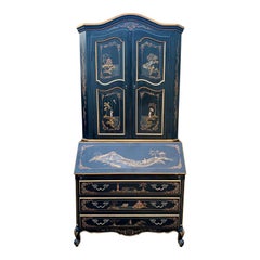 Chinoiserie Black Lacquered Drop Front Secretary Desk With Bookcase Hutch
