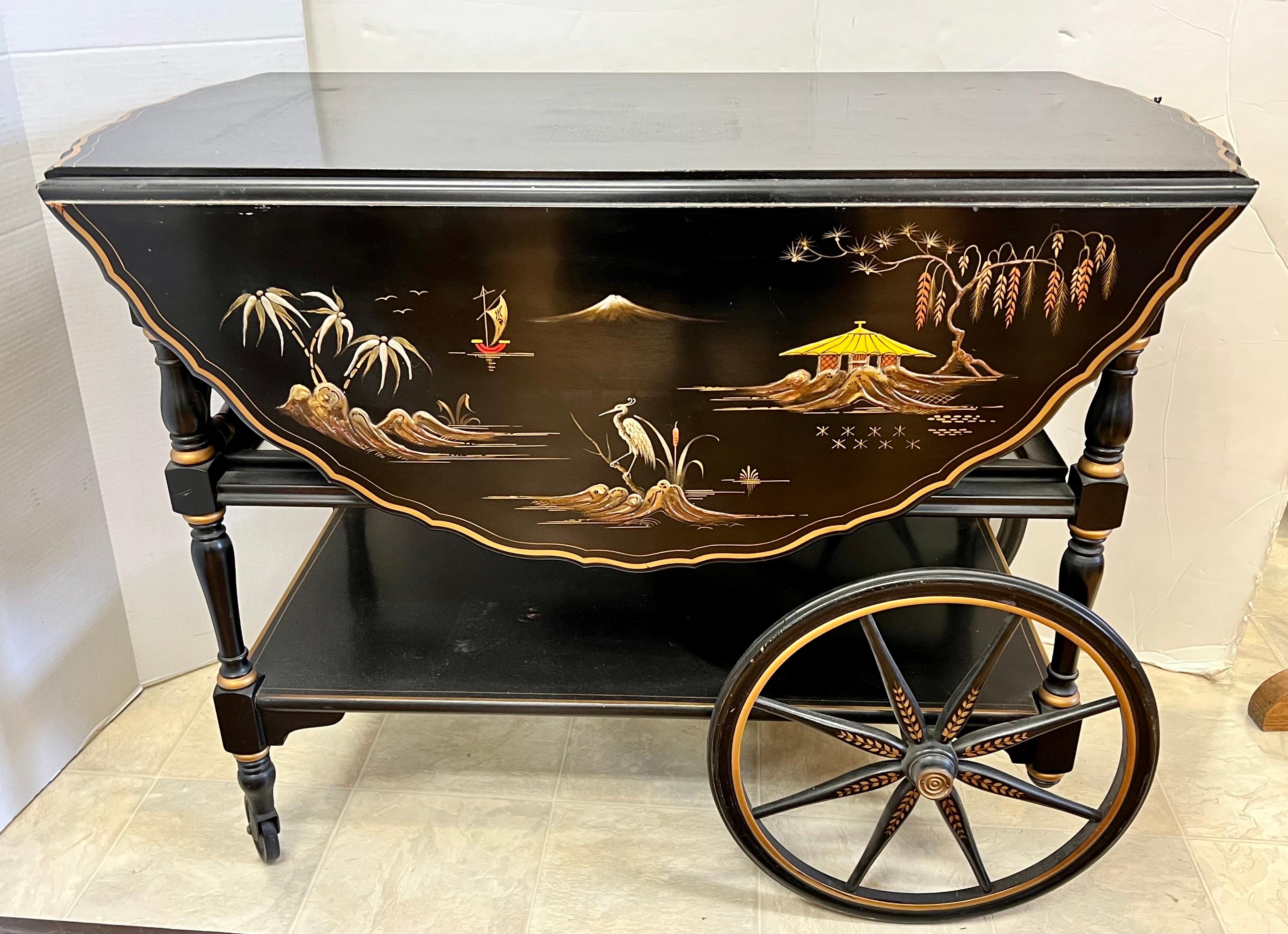 Chinoiserie Black Lacquered Hand Painted Rolling Tea Dry Bar Cart Barcart In Good Condition In West Hartford, CT