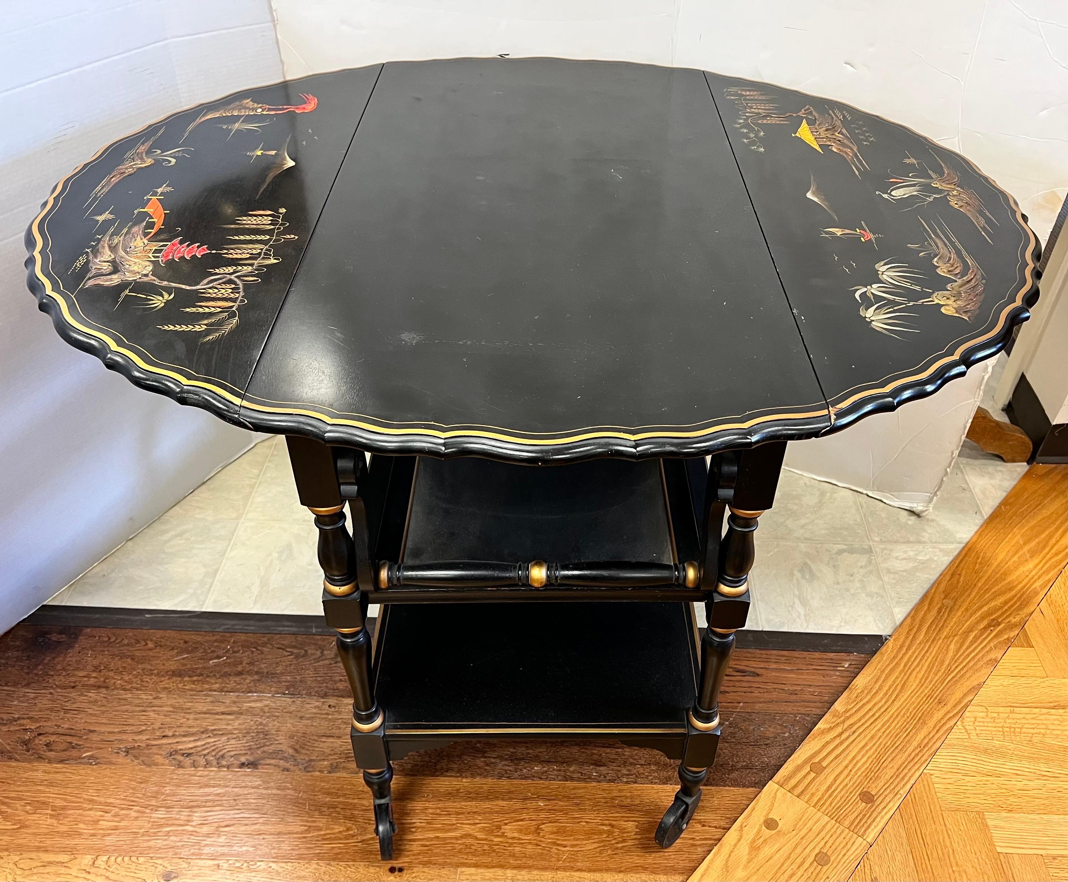 20th Century Chinoiserie Black Lacquered Hand Painted Rolling Tea Dry Bar Cart Barcart