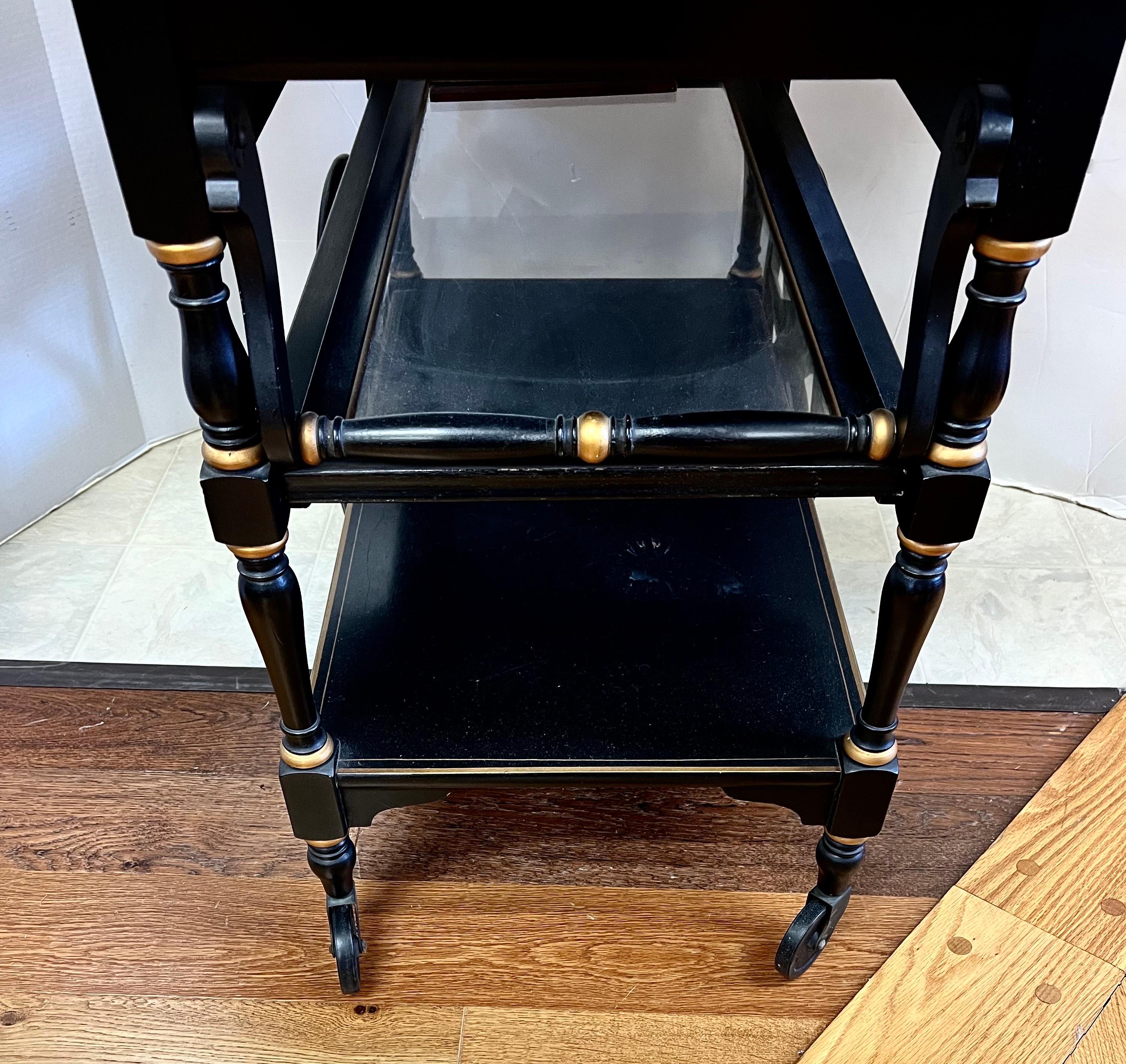 Wood Chinoiserie Black Lacquered Hand Painted Rolling Tea Dry Bar Cart Barcart