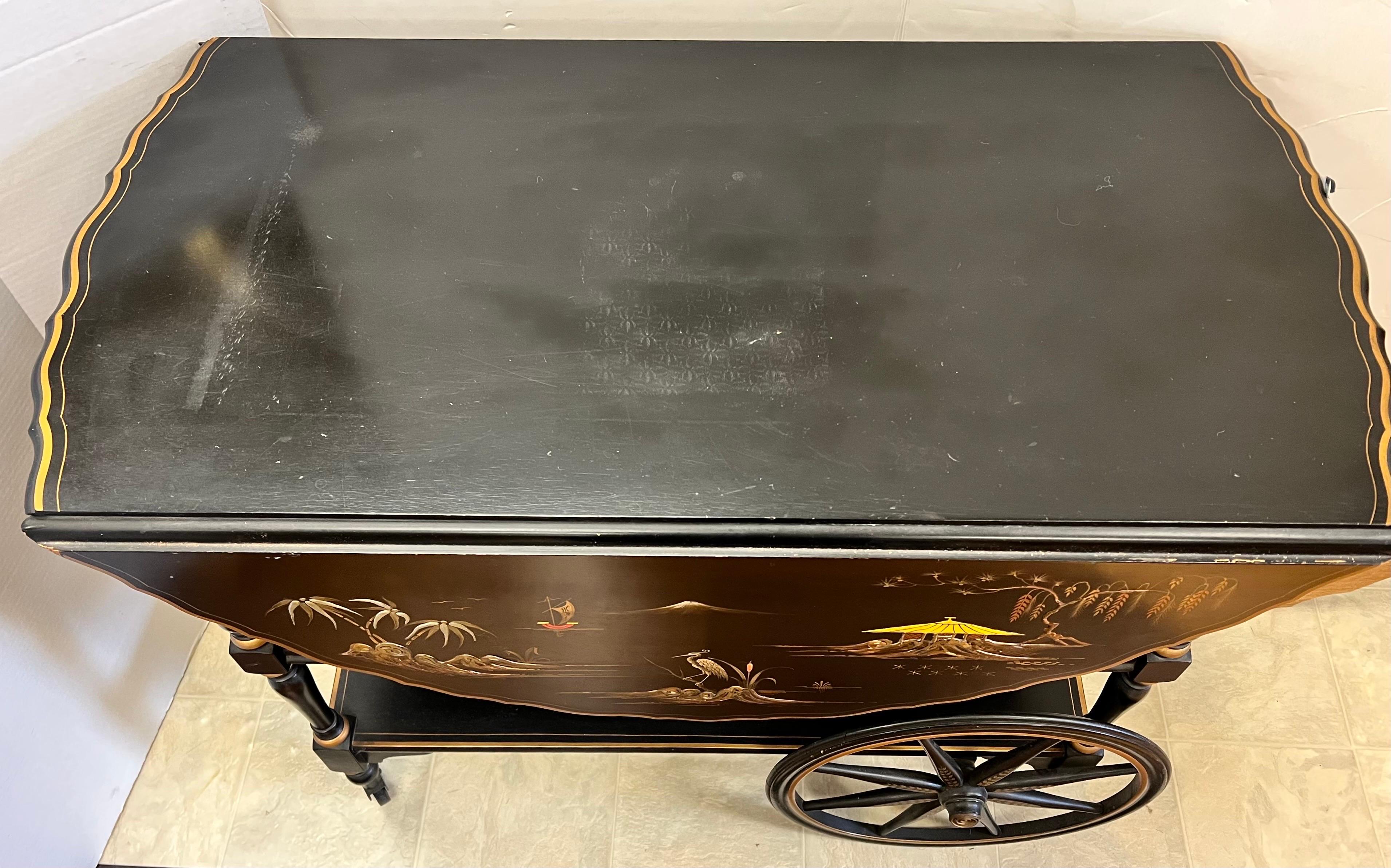 Chinoiserie Black Lacquered Hand Painted Rolling Tea Dry Bar Cart Barcart 2
