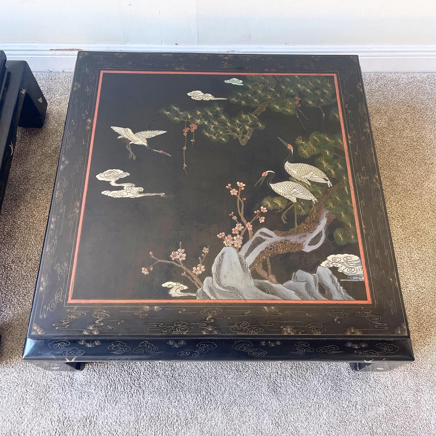 Hong Kong Chinoiserie Black Lacquered Square Coffee Tables