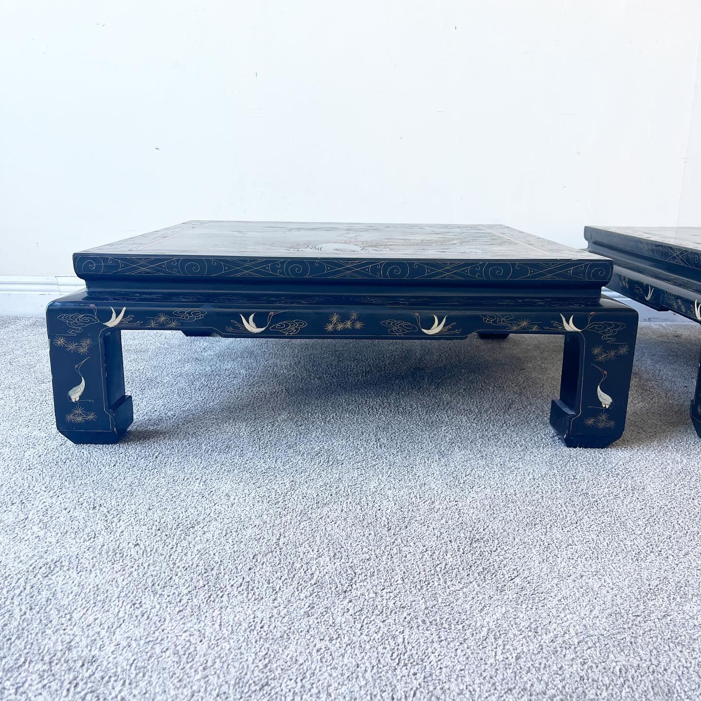 Chinoiserie Black Lacquered Square Coffee Tables In Good Condition In Delray Beach, FL