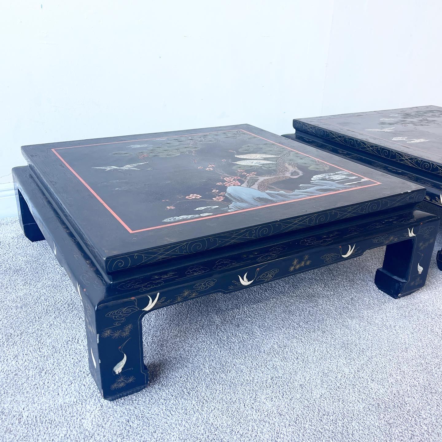 Wood Chinoiserie Black Lacquered Square Coffee Tables