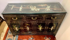 Chinoiserie Black Laquered Carved Credenza Sideboard