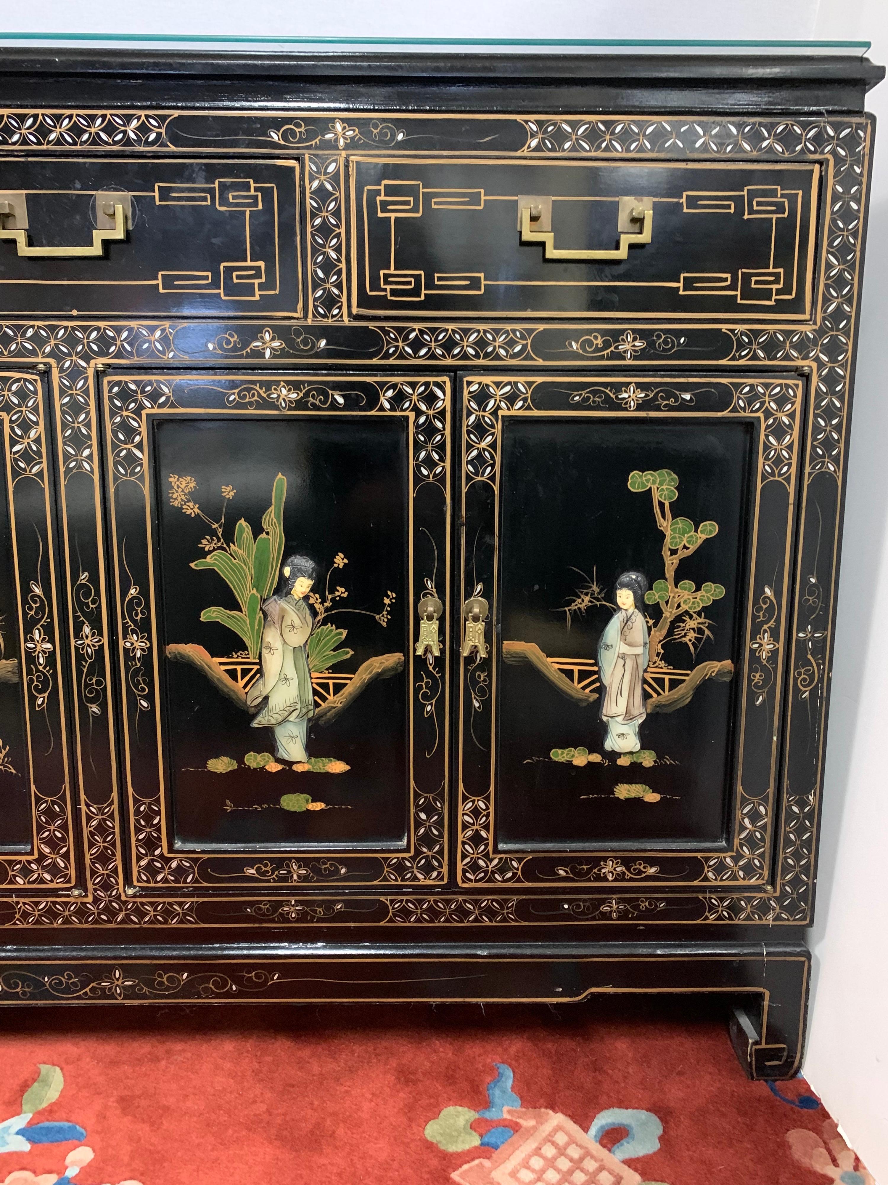 Chinese Chinoiserie Black Laquered Carved Credenza Sideboard