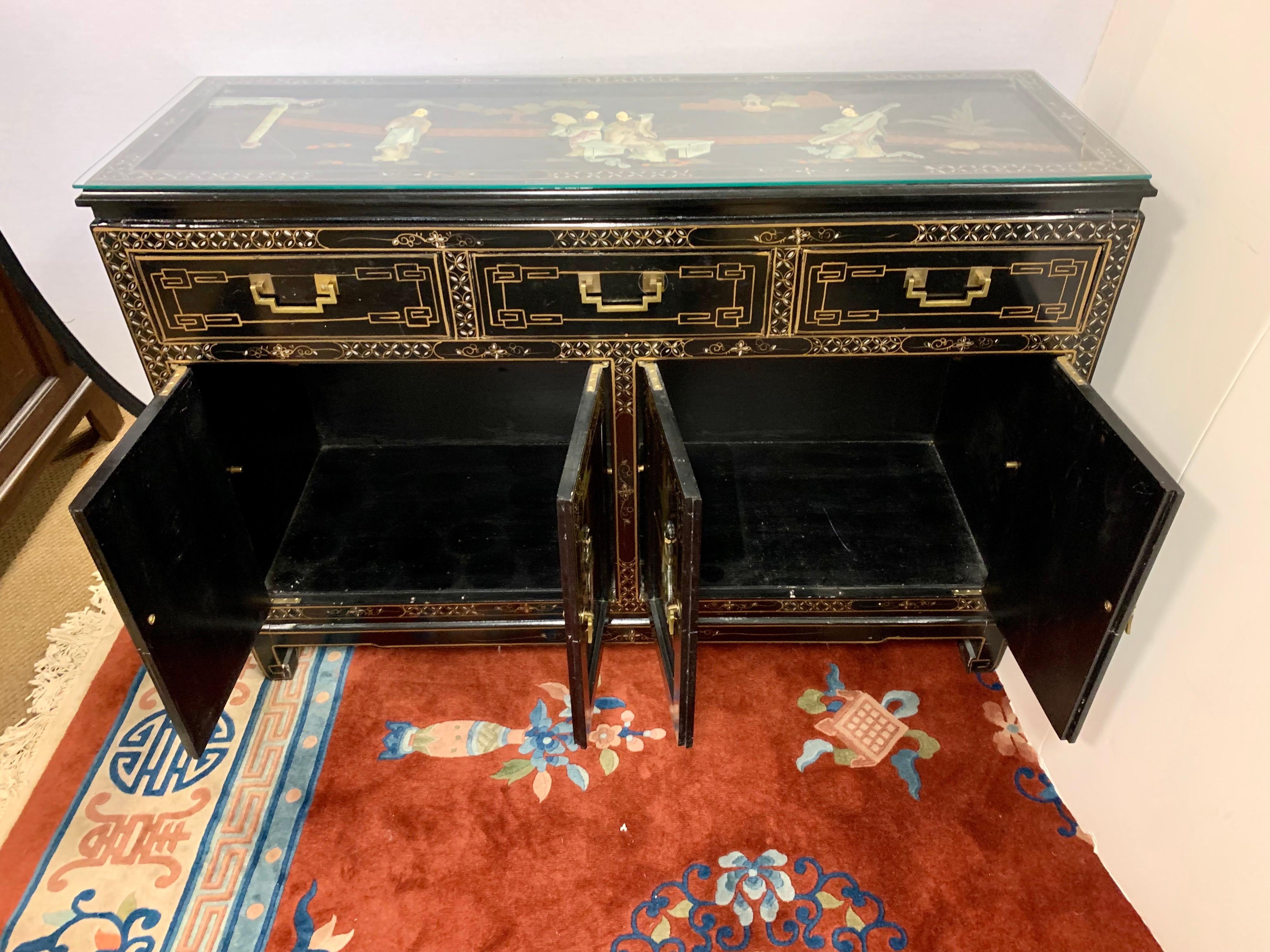 Late 20th Century Chinoiserie Black Laquered Carved Credenza Sideboard