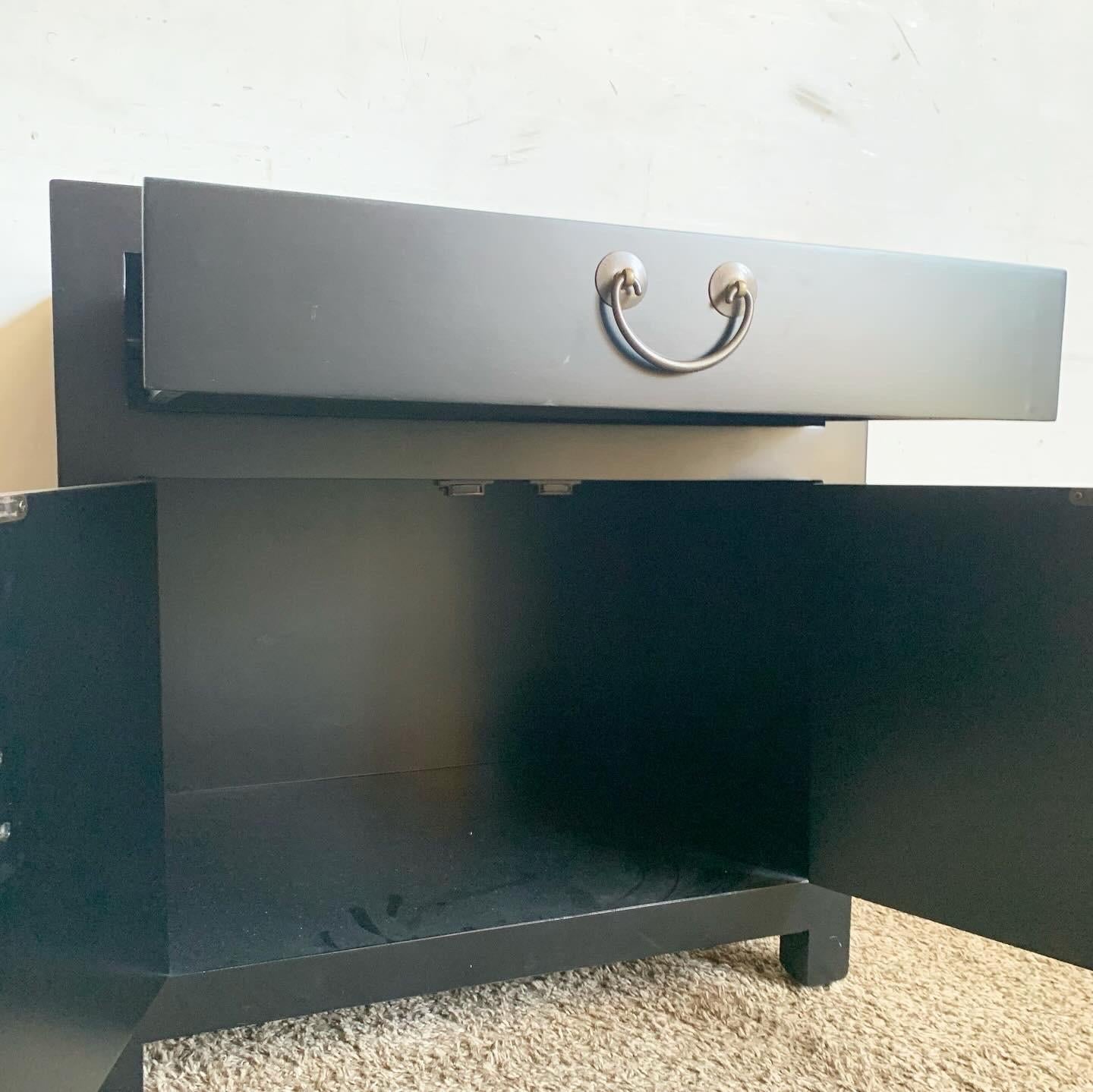 Contemporary Chinoiserie Black Nightstands/Side Table With Brass Accents For Sale