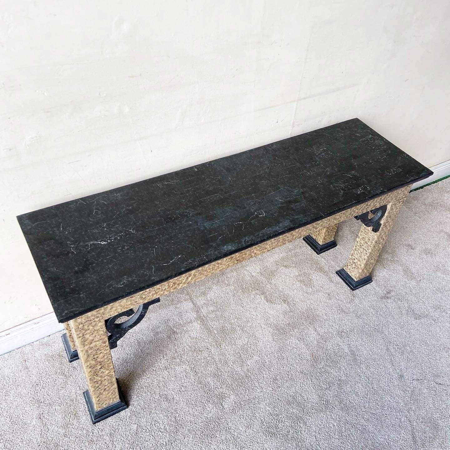 Philippine Chinoiserie Black Tessellated Stone Top Console Table