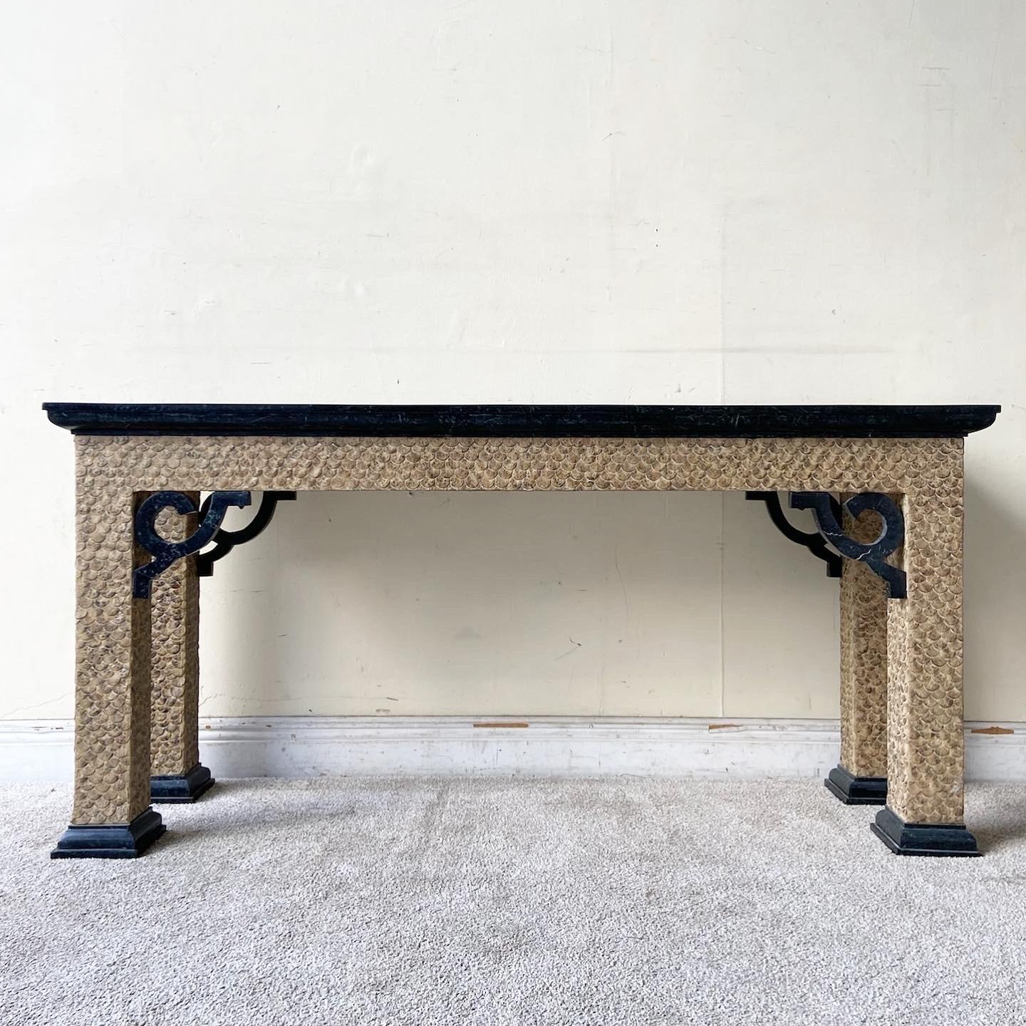 Post-Modern Chinoiserie Black Tessellated Stone Top Console Table For Sale