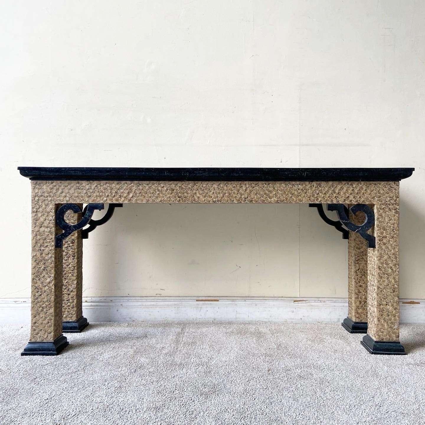 Chinoiserie Black Tessellated Stone Top Console Table In Good Condition In Delray Beach, FL