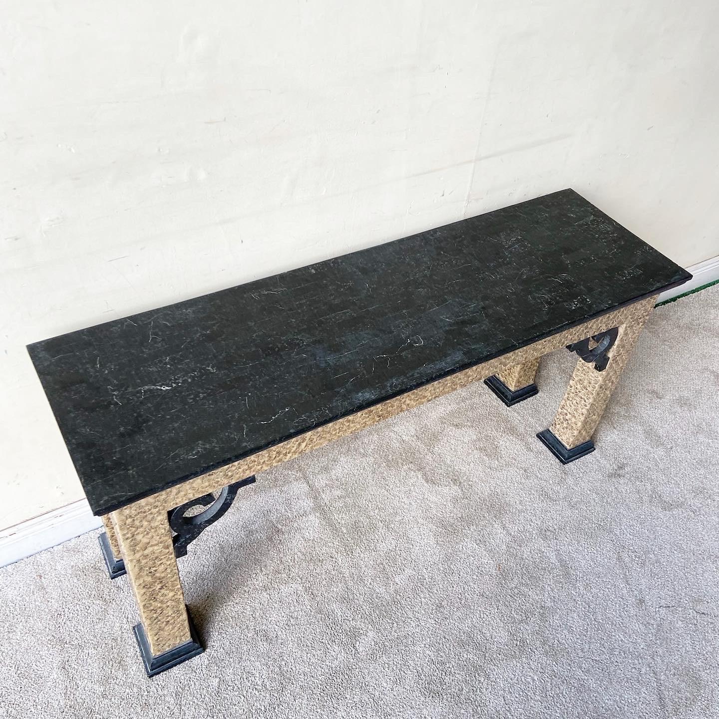 Philippine Chinoiserie Black Tessellated Stone Top Console Table For Sale