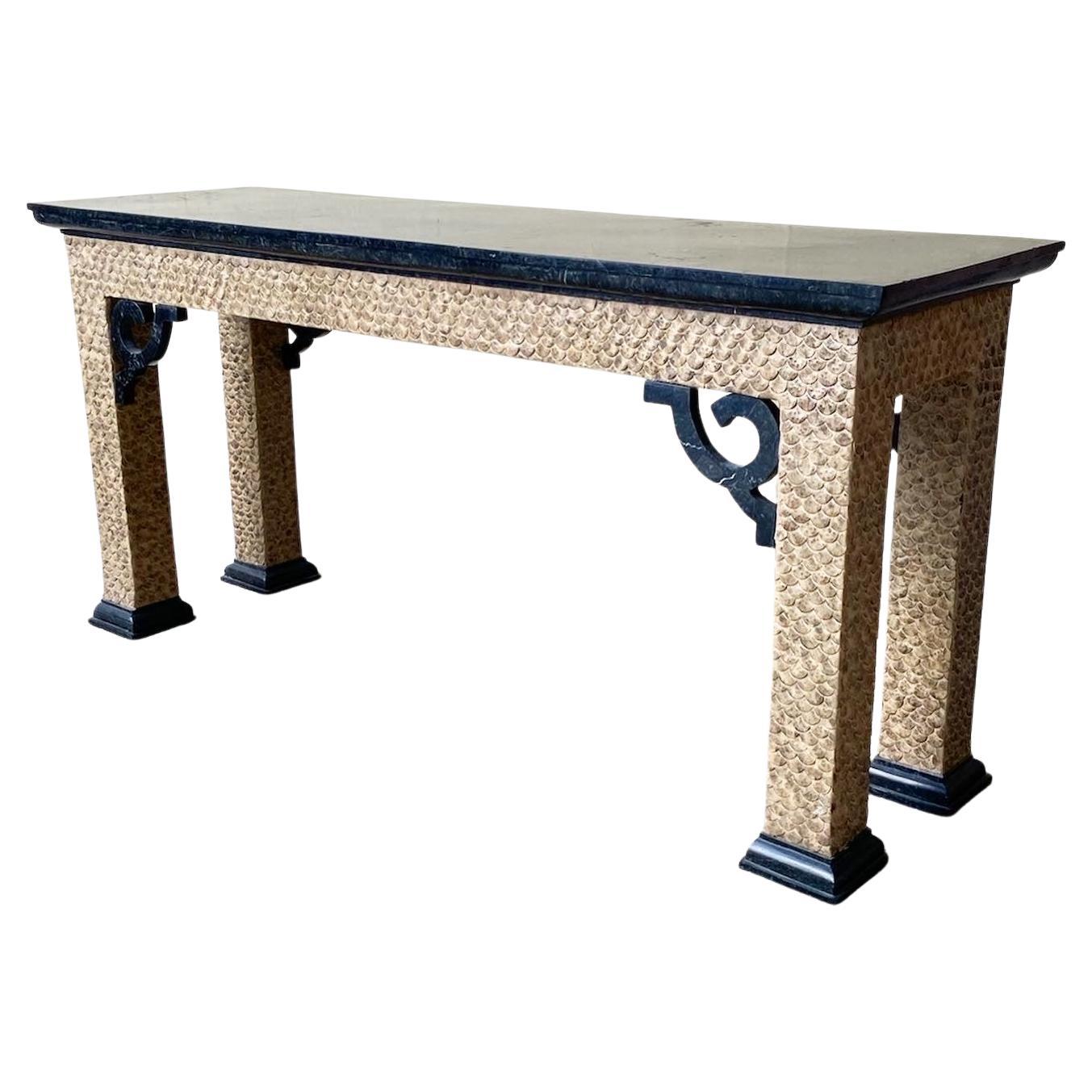 Chinoiserie Black Tessellated Stone Top Console Table For Sale