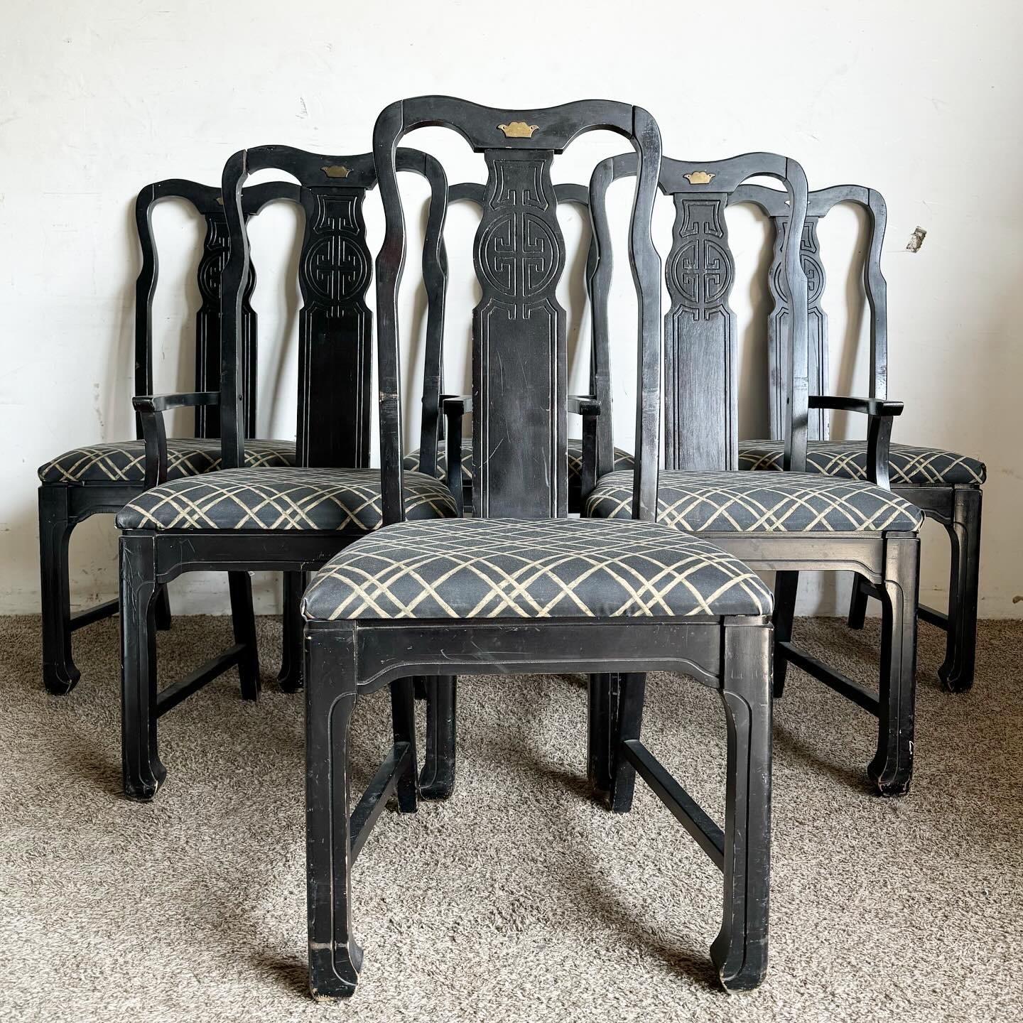 Embrace the timeless elegance and cultural richness of these Chinoiserie Black Wooden Dining Chairs by Singer Furniture, presented in a set of six. Featuring a deep black finish and exquisite hand-painted Chinoiserie motifs, these chairs elevate any