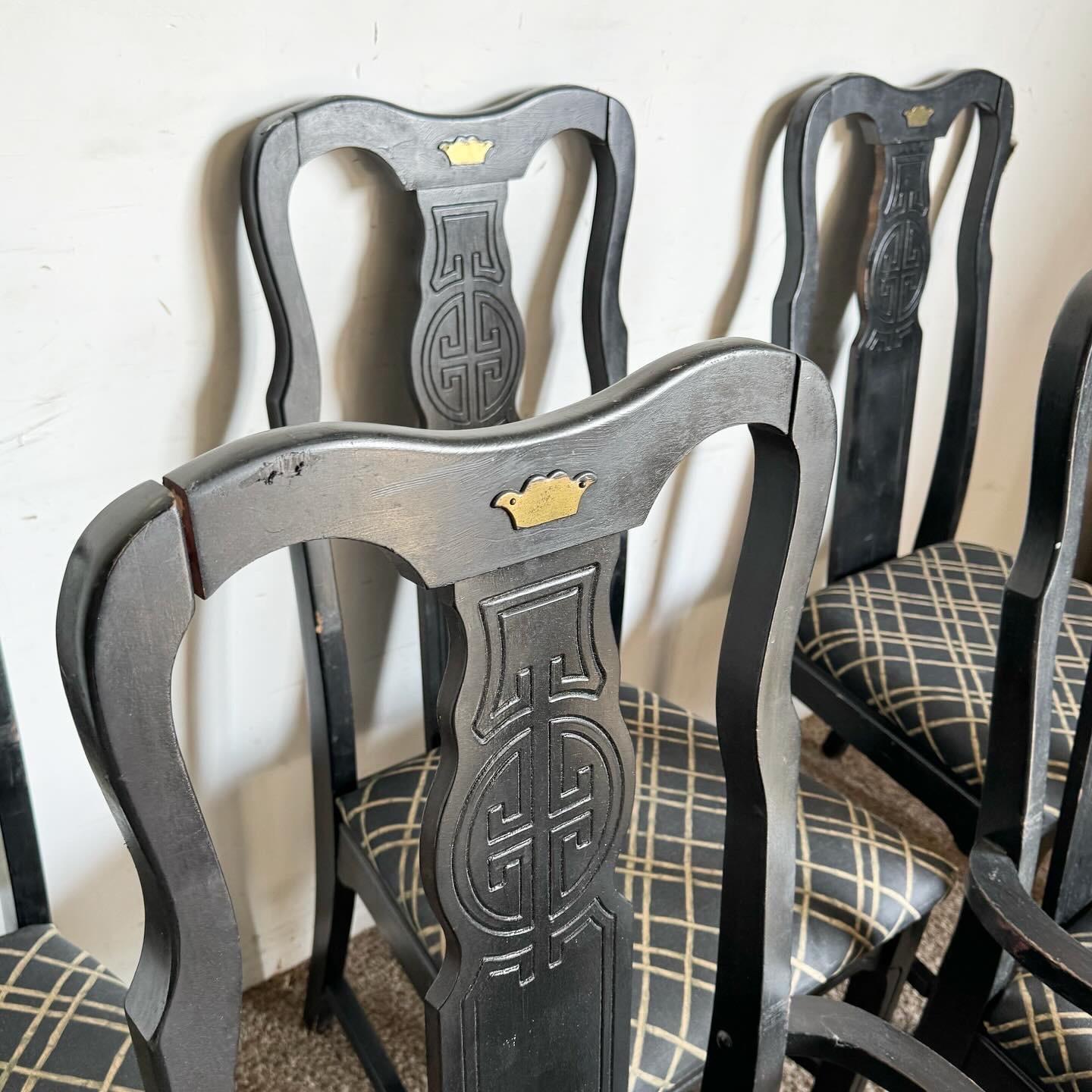 Chinoiserie Black Wooden Dining Chairs by Singer Furniture- Set of 6 In Good Condition For Sale In Delray Beach, FL
