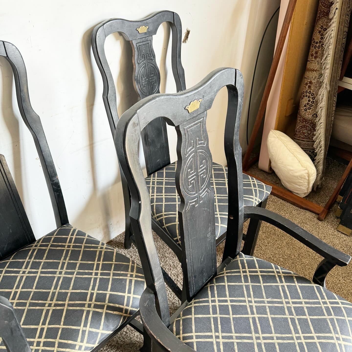 Late 20th Century Chinoiserie Black Wooden Dining Chairs by Singer Furniture- Set of 6 For Sale