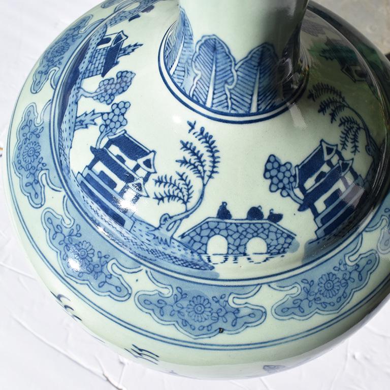 19th Century Chinoiserie Blue White Brass Ceramic Chinese Canton Balloon Pagoda Lamp 