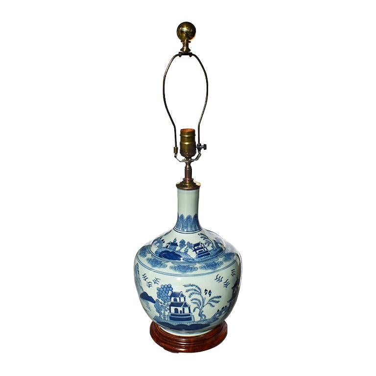 Chinoiserie Blue White Brass Ceramic Chinese Canton Balloon Pagoda Lamp 