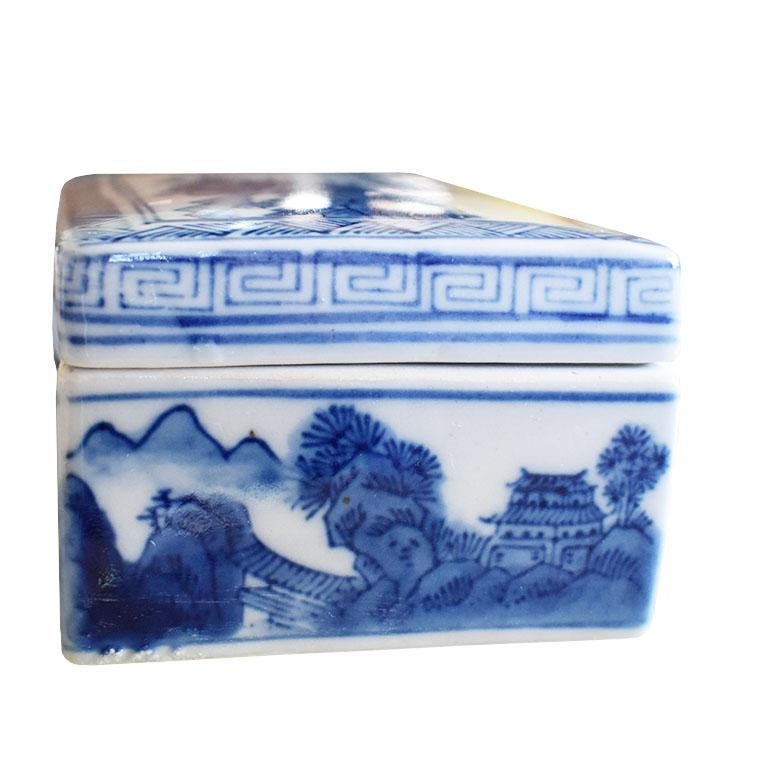 Chinoiserie Blue and White Divided Ceramic Decorative Box with Lid For